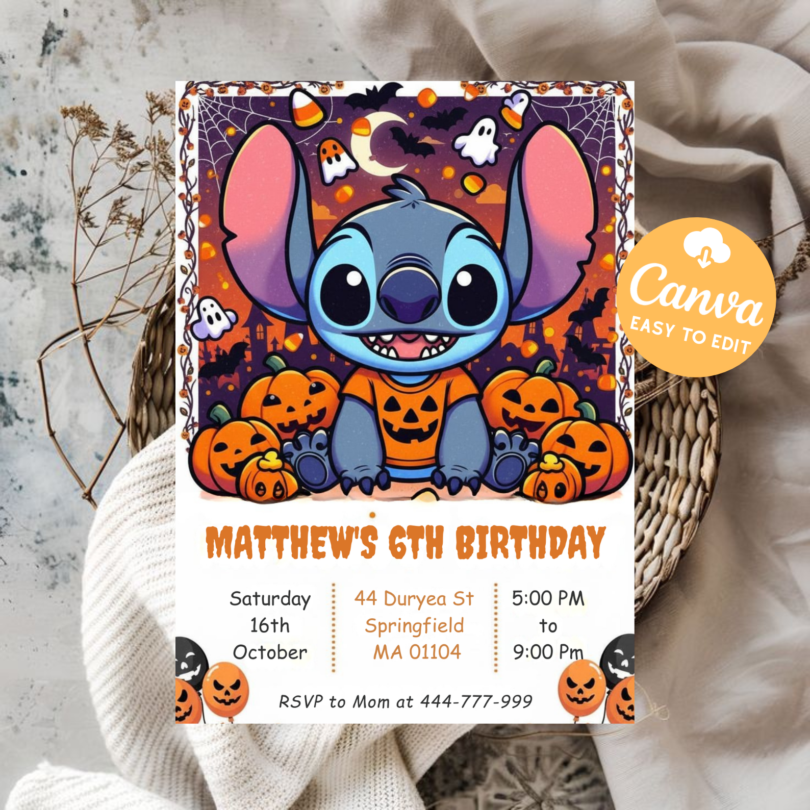 Stitch Halloween Birthday Invitation | Digital Party Invite | Printable Kids Birthday Template | Instant Download