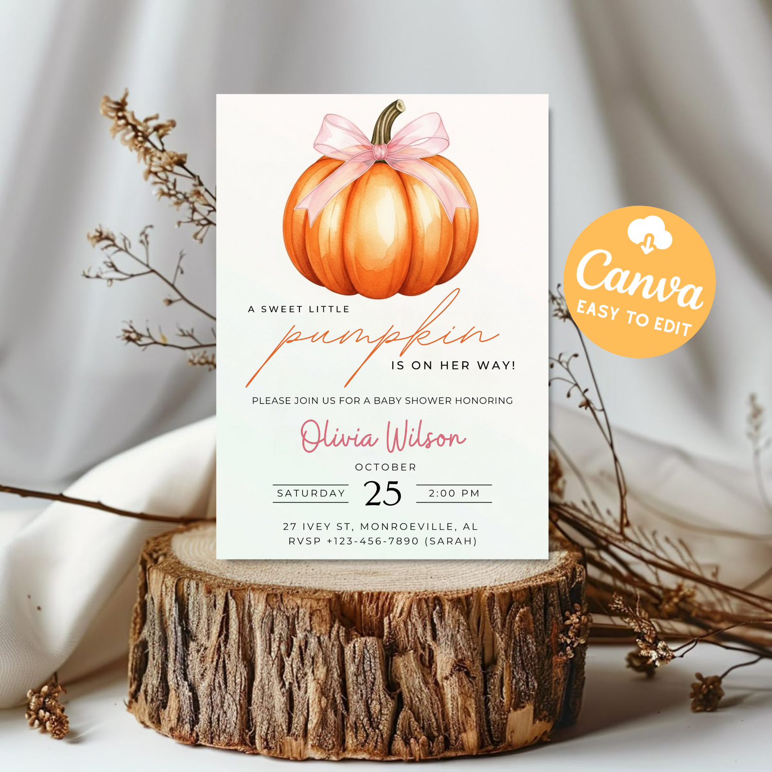 Little Pumpkin Is On The Way Baby Shower Invitation | Pink Bow Girl Fall Shower Invite | Watercolor Autumn Pumpkin Template | Editable Canva Printable