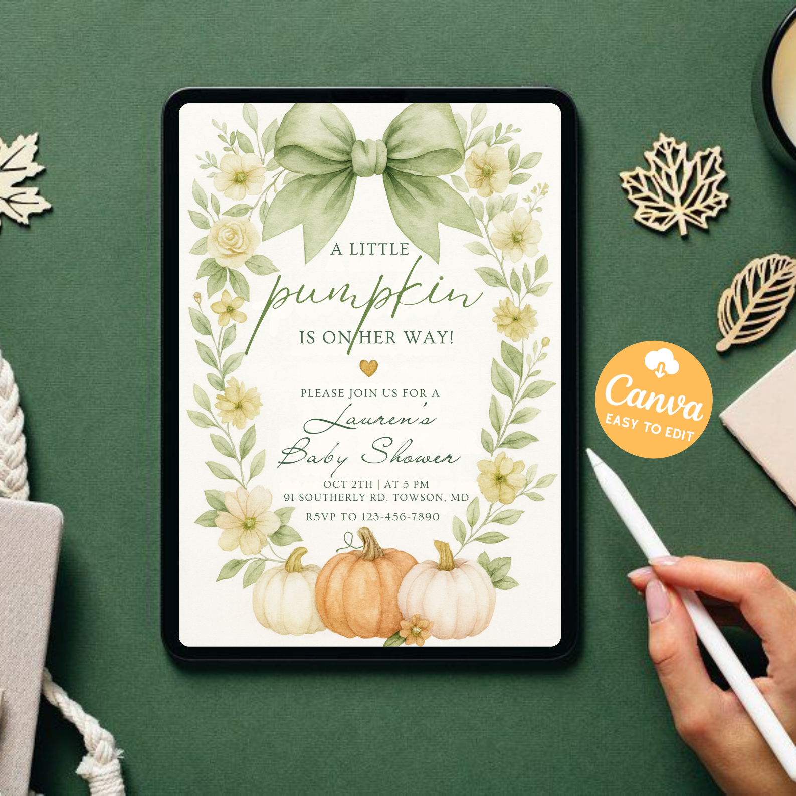 Pink Pumpkin Baby Shower Invitation | Floral Bow Coquette Theme | Girl Baby Shower Invite | Editable Canva Template | Digital Download Printable