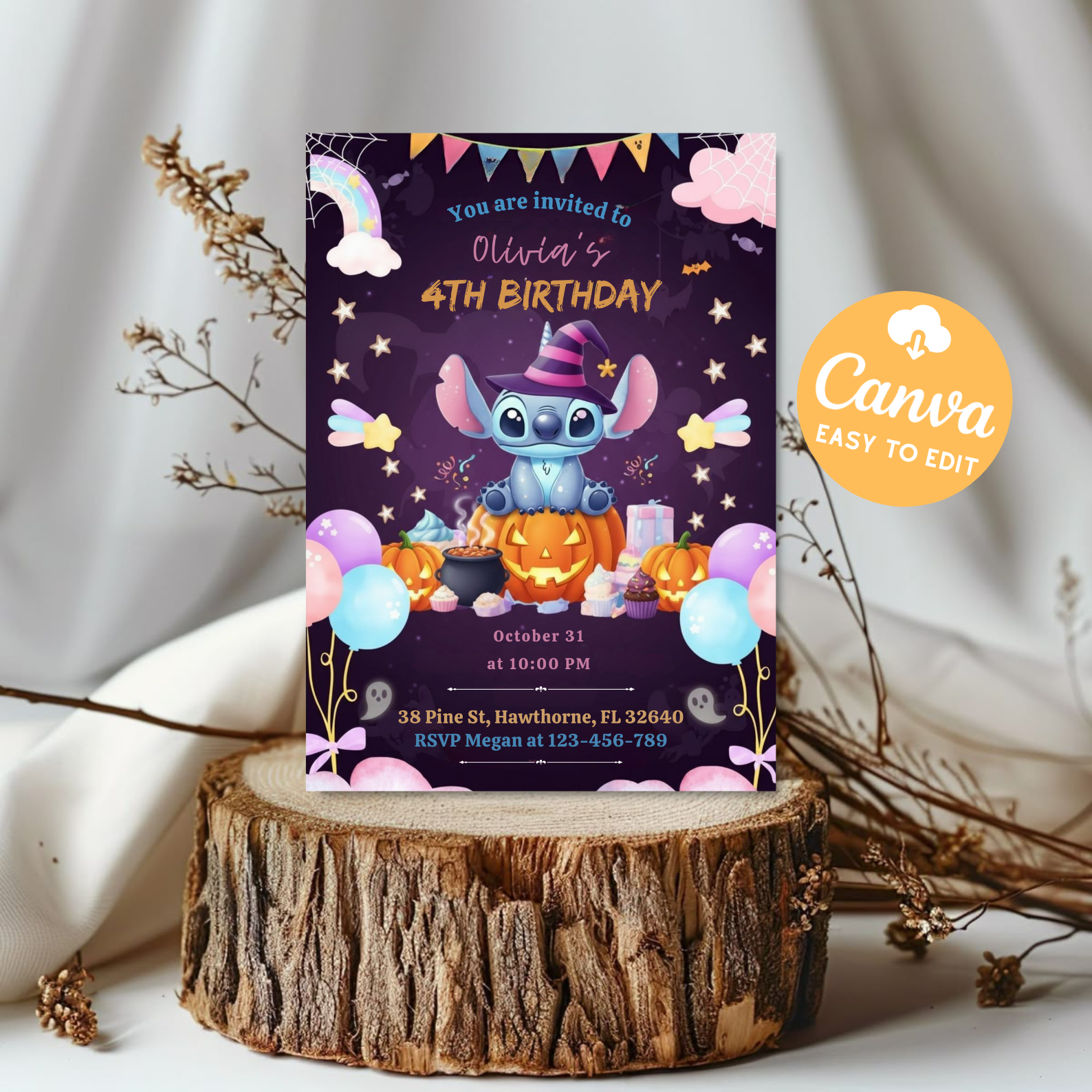 Editable Stitch Birthday Invitation | Cute Stitch Party Invite for Girls | Printable Canva Template | Digital Download Instant Access