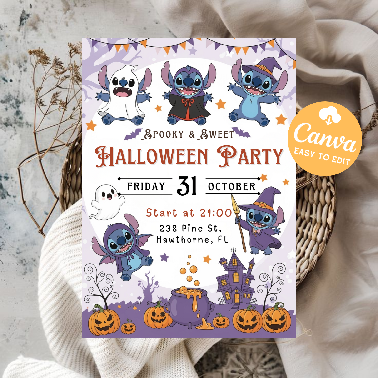 Stitch Halloween Party Invitation | Pastel Spooky Cute Party Invite | Editable Kids Birthday Template | Printable Digital Download Canva