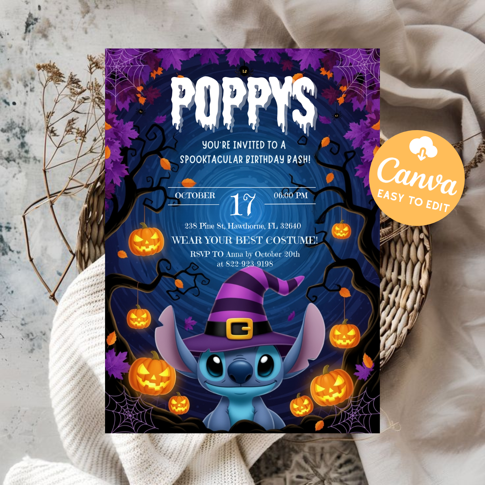 Editable Stitch Birthday Invitation | Pink and Blue Stitch Party Invite | Digital Kids Invitation | Printable Mobile Template