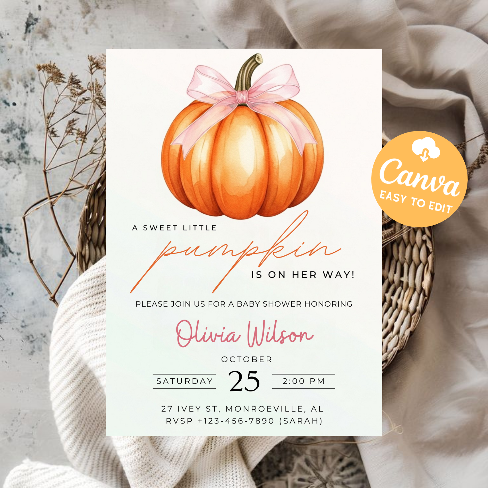 Little Pumpkin Is On The Way Baby Shower Invitation | Pink Bow Girl Fall Shower Invite | Watercolor Autumn Pumpkin Template | Editable Canva Printable
