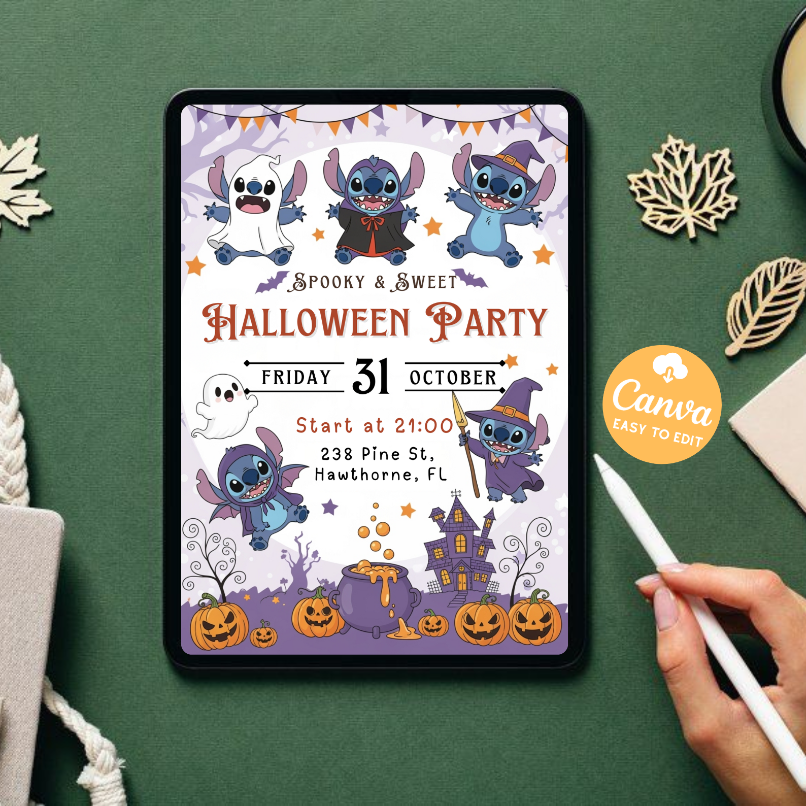 Stitch Halloween Party Invitation | Pastel Spooky Cute Party Invite | Editable Kids Birthday Template | Printable Digital Download Canva