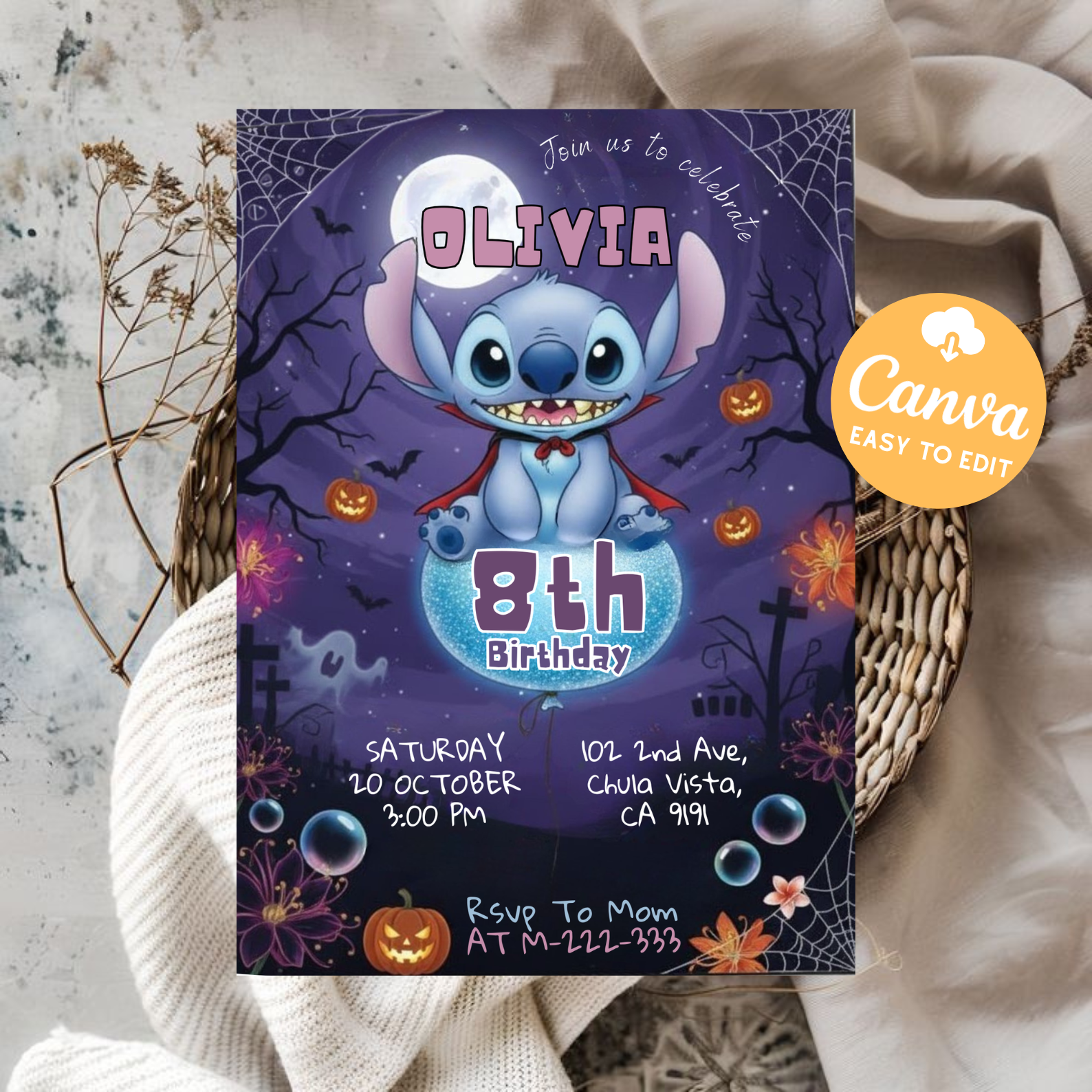 Editable Stitch Birthday Invitation | Custom Printable Stitch Party Template | Digital Kids Birthday Invite | Canva Editable Design