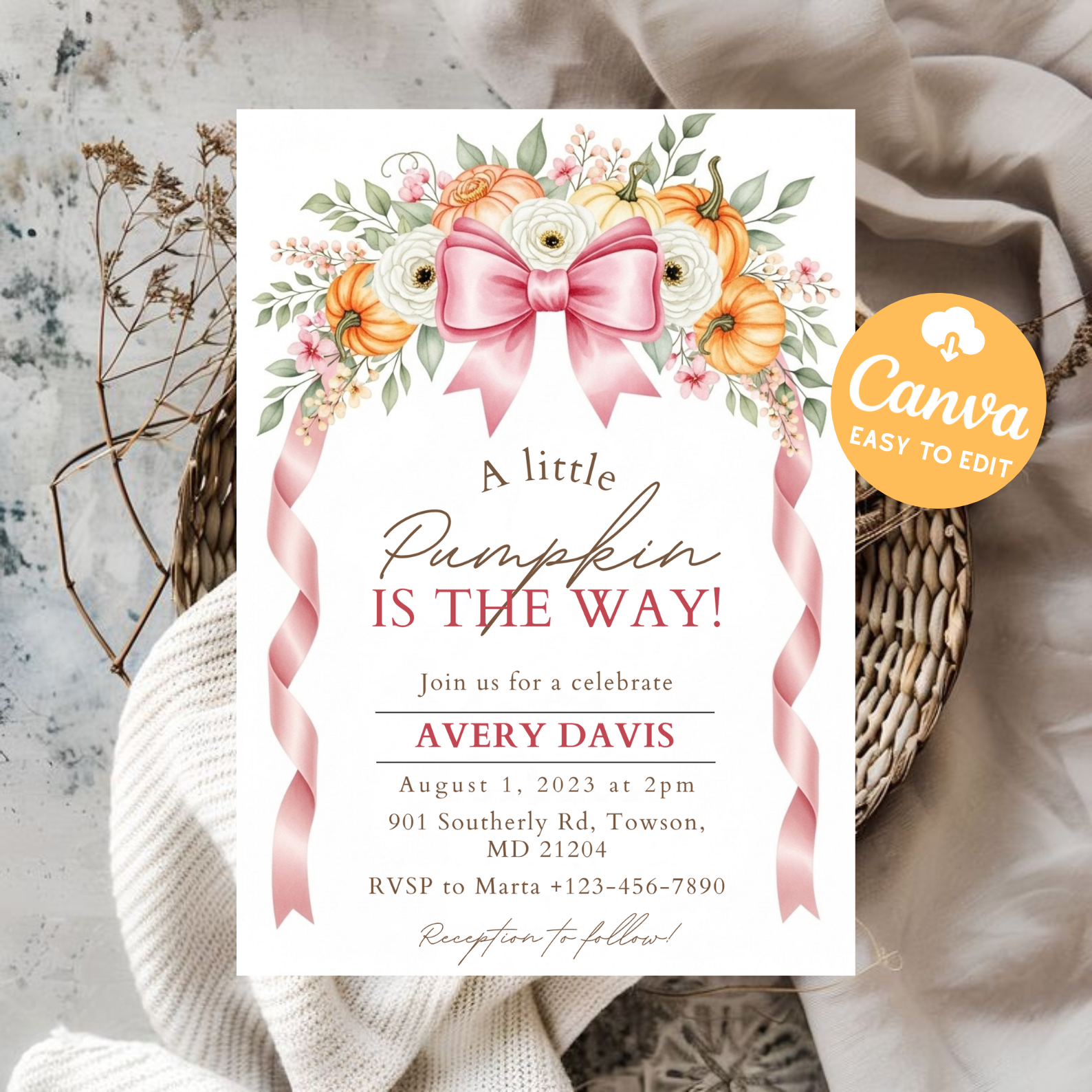 Pink Little Pumpkin Baby Shower Invitation | Girl Fall Floral Baby Shower Invite | Bow Pumpkin Party Card | Editable Canva Template Printable