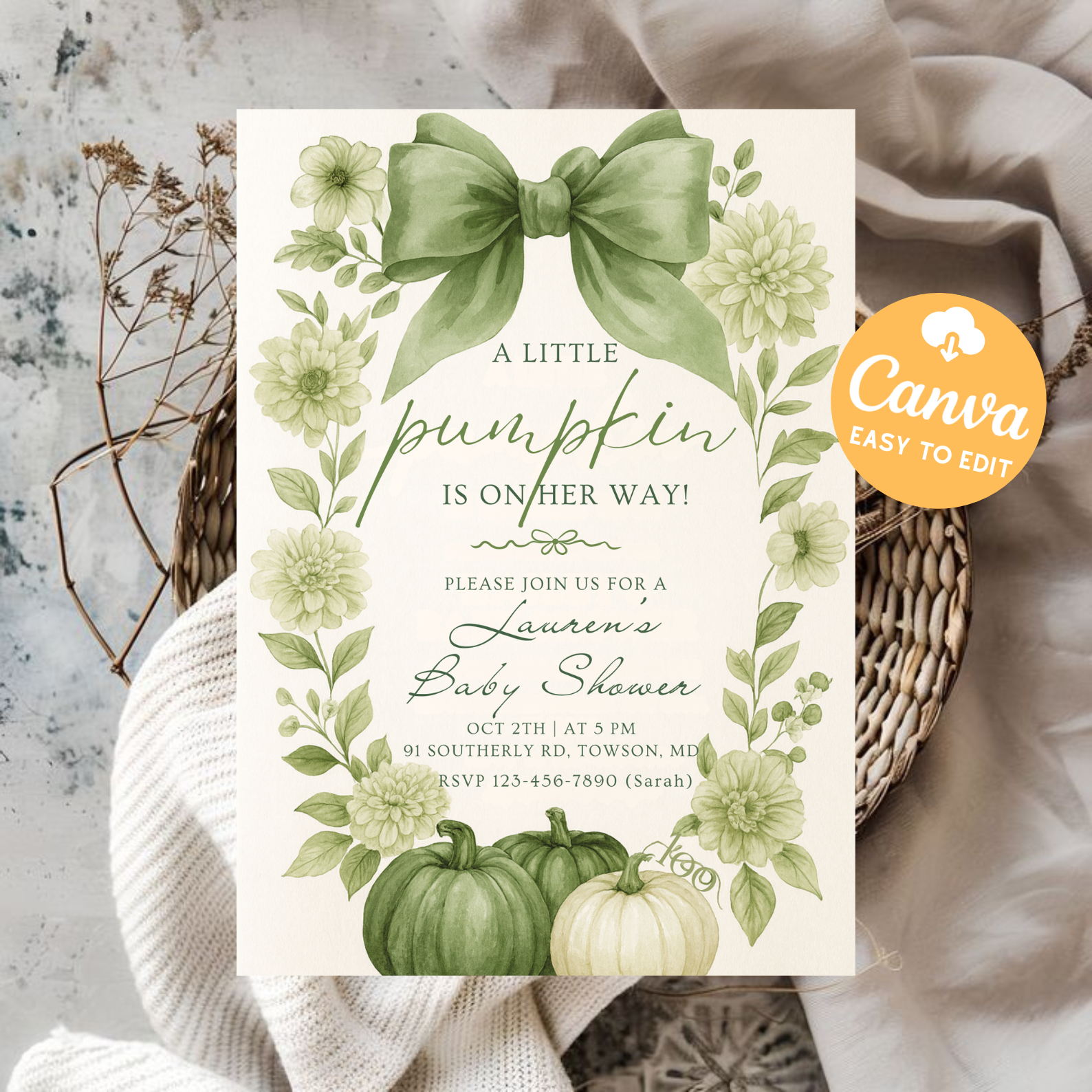 Pink Pumpkin Baby Shower Invitation | Floral Bow Coquette Baby Girl Invite | Editable Canva Template | Fall Baby Shower Digital Download
