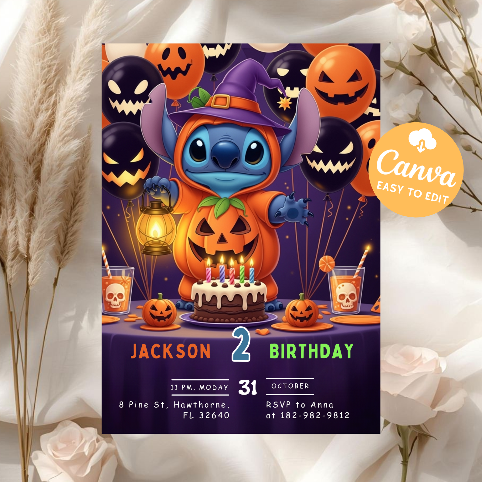 Editable Stitch Halloween Birthday Invitation | Lilo and Stitch Spooky Party Invite | Kids Birthday Canva Template | Digital Download Printable