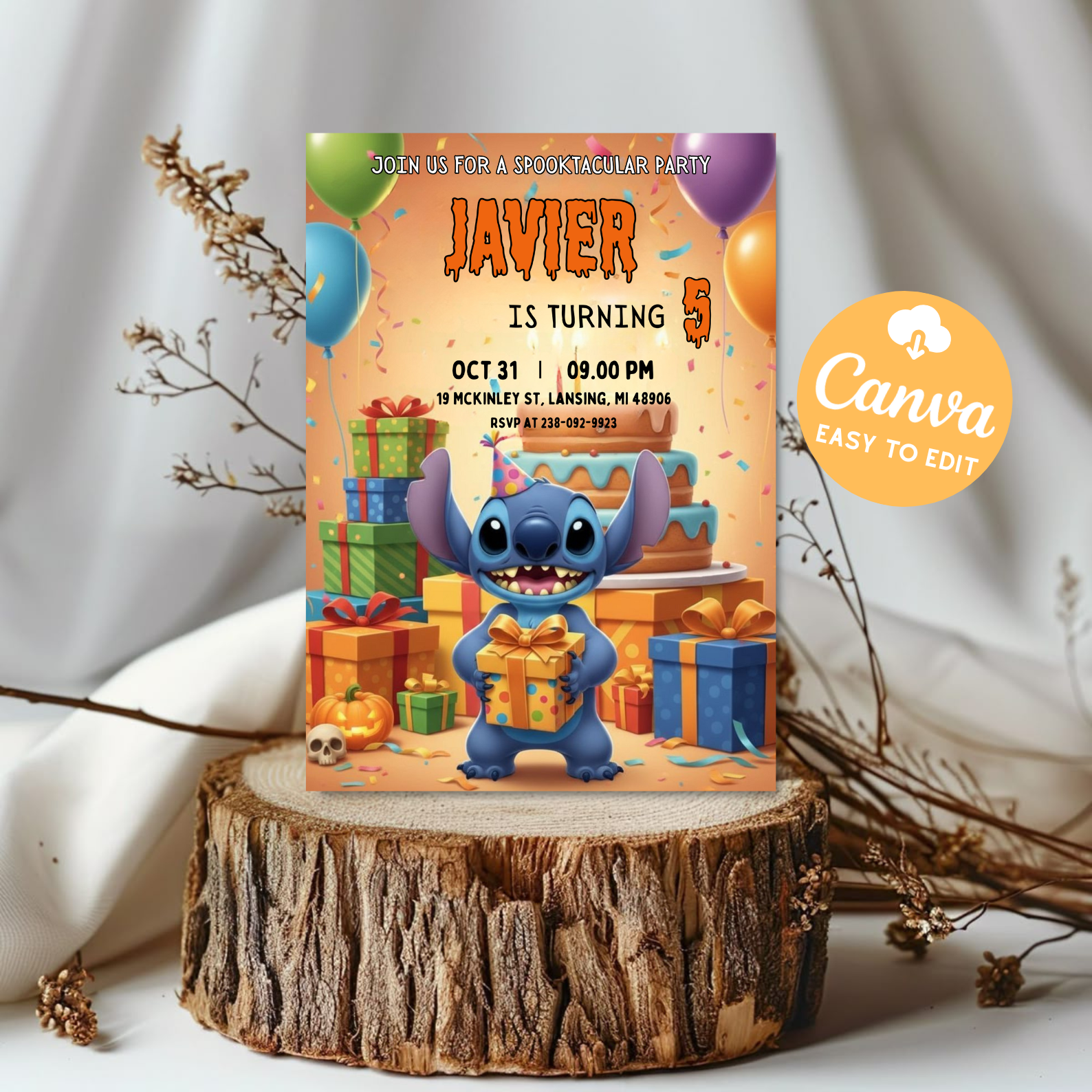 Stitch Halloween Invitation | Editable Stitch Birthday Party Invite | Printable Stitch Digital Card | Kids Stitch Invitation Template
