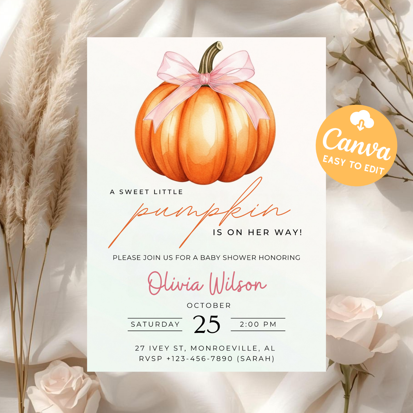 Little Pumpkin Is On The Way Baby Shower Invitation | Pink Bow Girl Fall Shower Invite | Watercolor Autumn Pumpkin Template | Editable Canva Printable