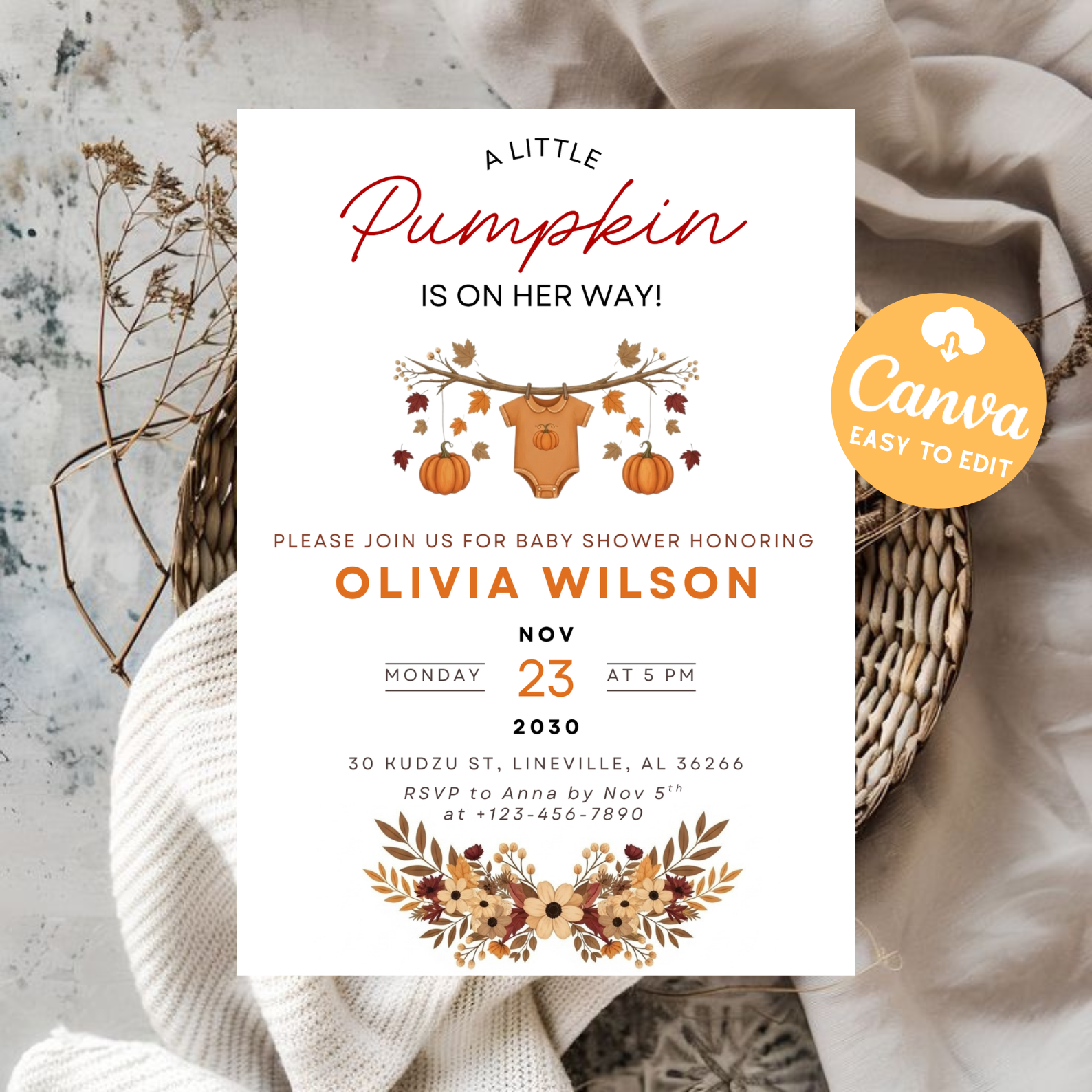 Little Pumpkin Baby Shower Invitation | Girl Fall Baby Shower Invite | Cute Pumpkin Baby Clothes Theme | Editable Canva Template | Printable Download