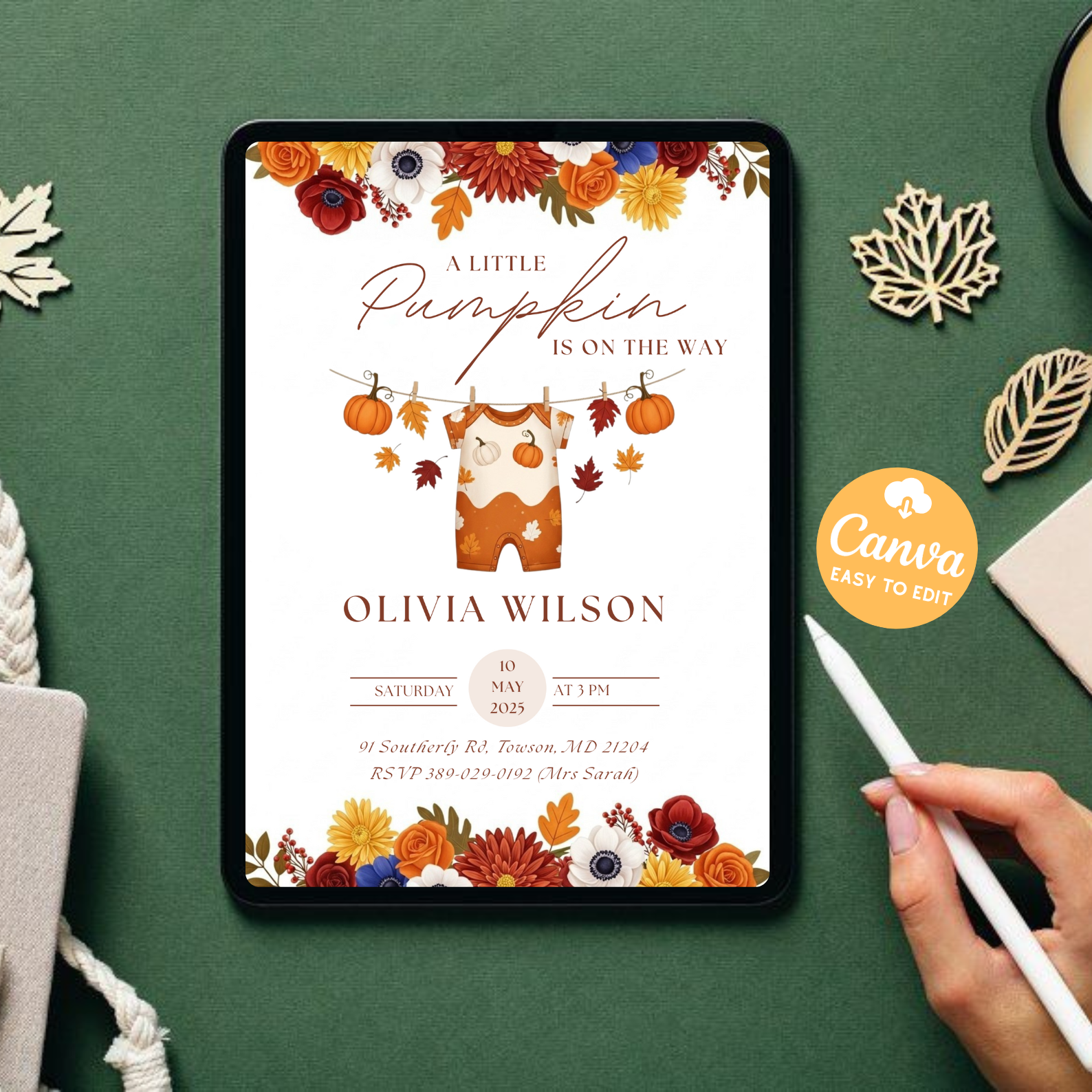 Editable Little Pumpkin Baby Shower Invitation | Baby Girl Fall Shower Invite | Cute Autumn Pumpkin Party Template | Canva Printable Download