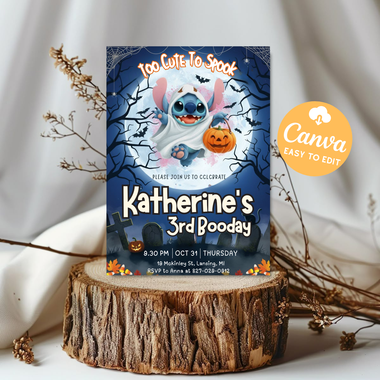 Printable Editable Stitch Halloween Invitation | Lilo and Stitch Boo Birthday Invite | Scary Stitch Party Template | Kids Bday Card Girl Boy