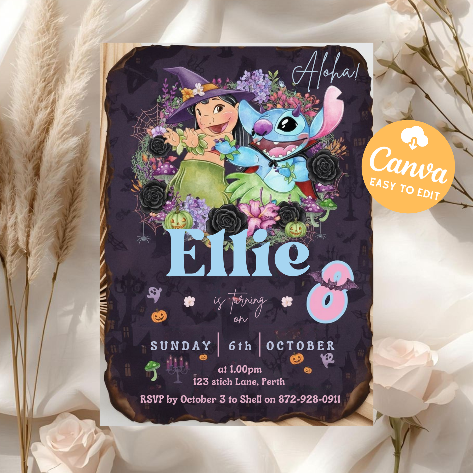 Editable Stitch Birthday Invitation for Girls | Lilo and Stitch Tropical Party Invite | Cute Aloha Hawaiian Beach Invitation | Canva Template Download