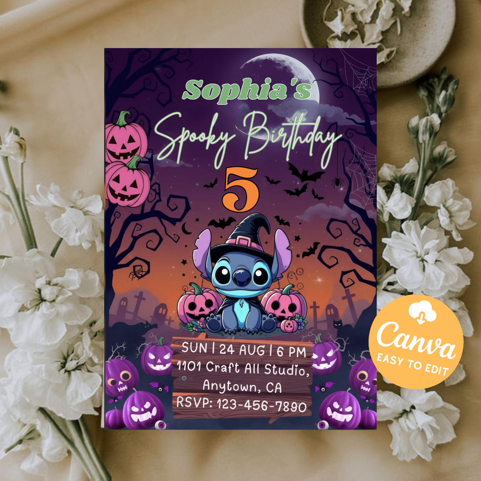 Halloween Stitch Birthday Invitation | Editable Canva Template | Spooky Lilo and Stitch Kids Party Invite | Digital Download Printable