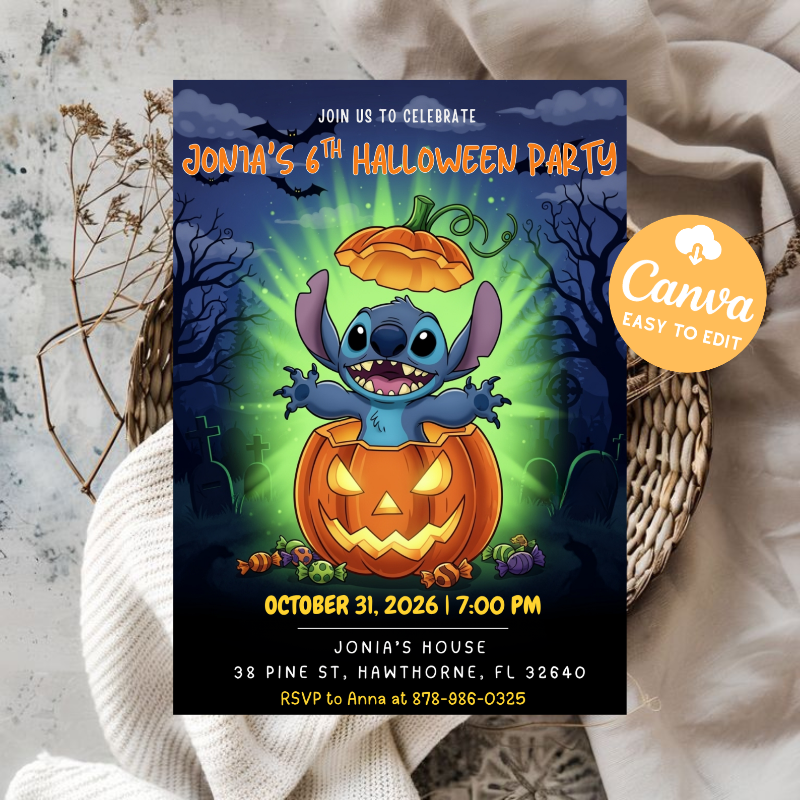 Spooky Stitch Halloween Birthday Invitation | Kids Party Evite Card | Editable Canva Template | Haunted House Digital Download