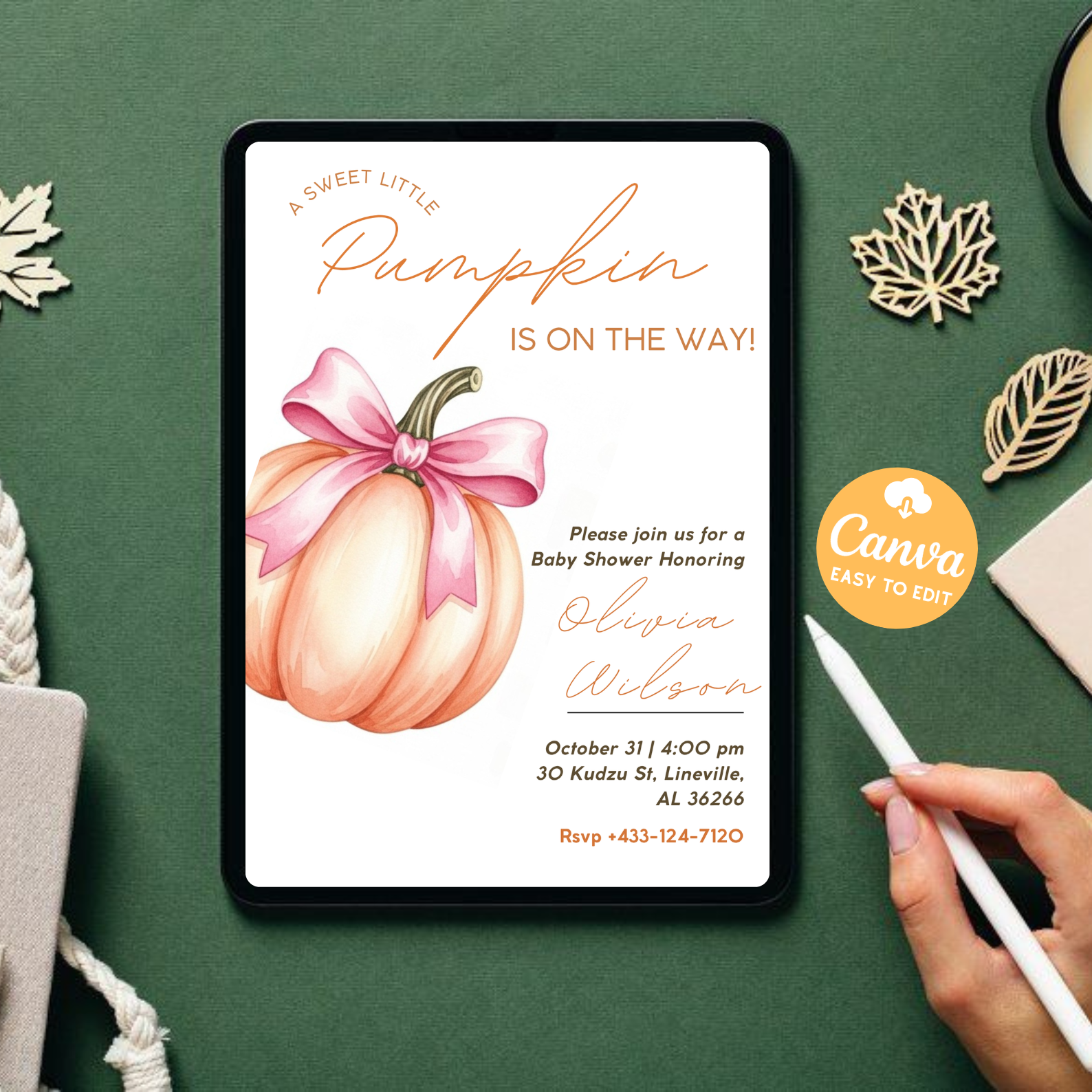Editable Sweet Little Pumpkin Baby Shower Invitation Bundle | Pink Bow Baby Shower Invite Set | Fall Orange Pumpkin Invitation Template Printable