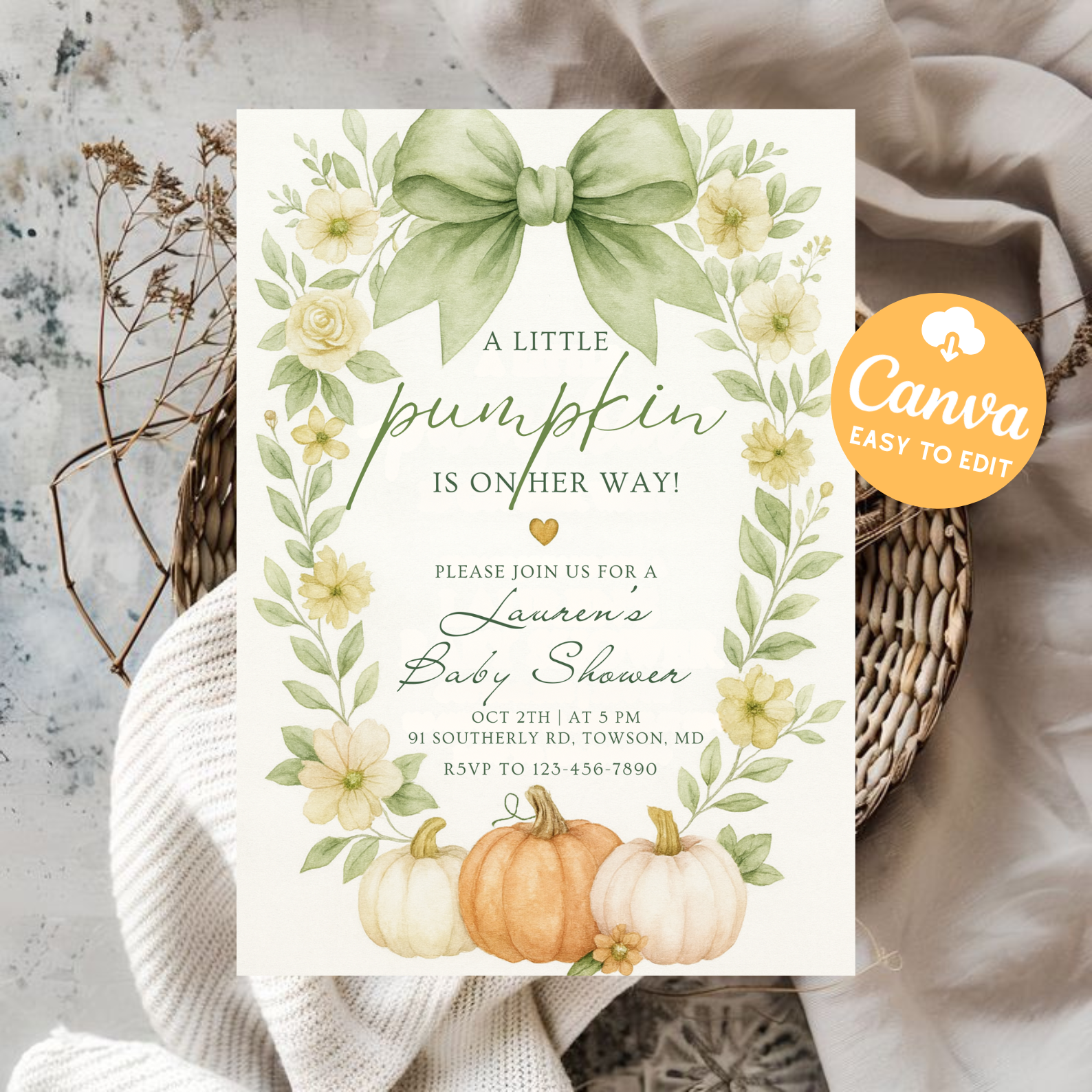 Pink Pumpkin Baby Shower Invitation | Floral Bow Coquette Theme | Girl Baby Shower Invite | Editable Canva Template | Digital Download Printable