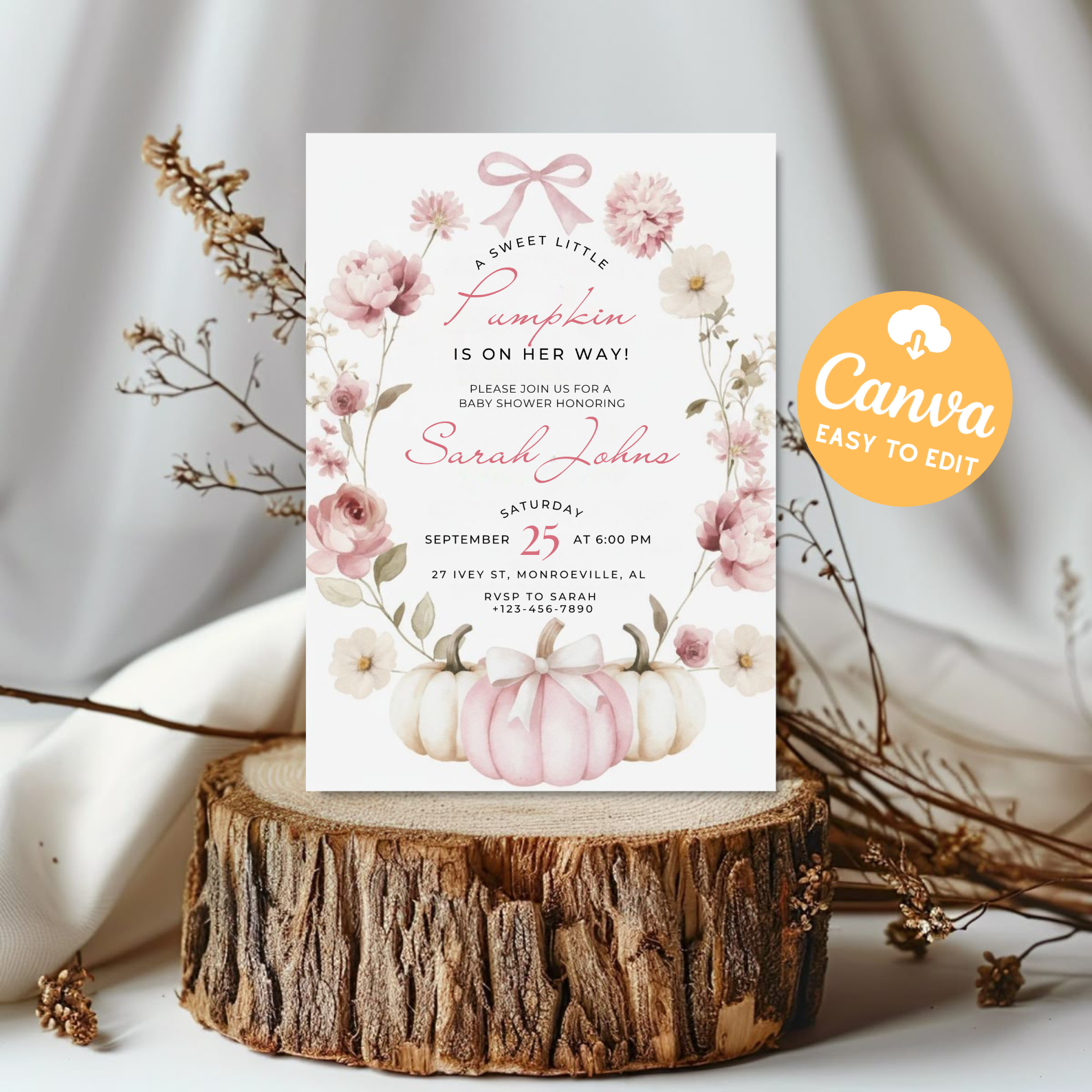 Little Pumpkin Baby Shower Invitation | Pink Pumpkin Girl Baby Shower Invite | Boho Floral Coquette Bow Theme | Editable Canva Template Printable