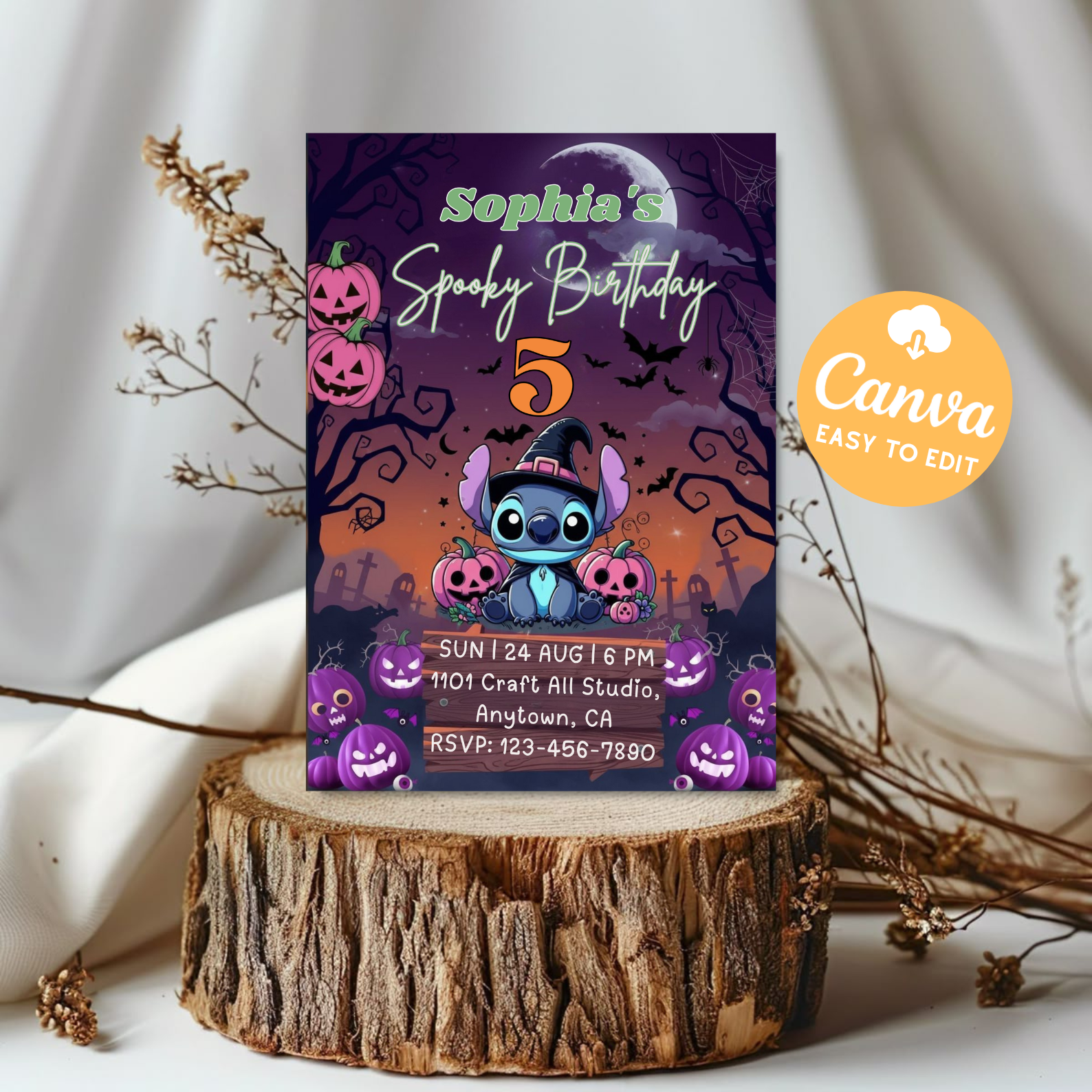 Halloween Stitch Birthday Invitation | Editable Canva Template | Spooky Lilo and Stitch Kids Party Invite | Digital Download Printable