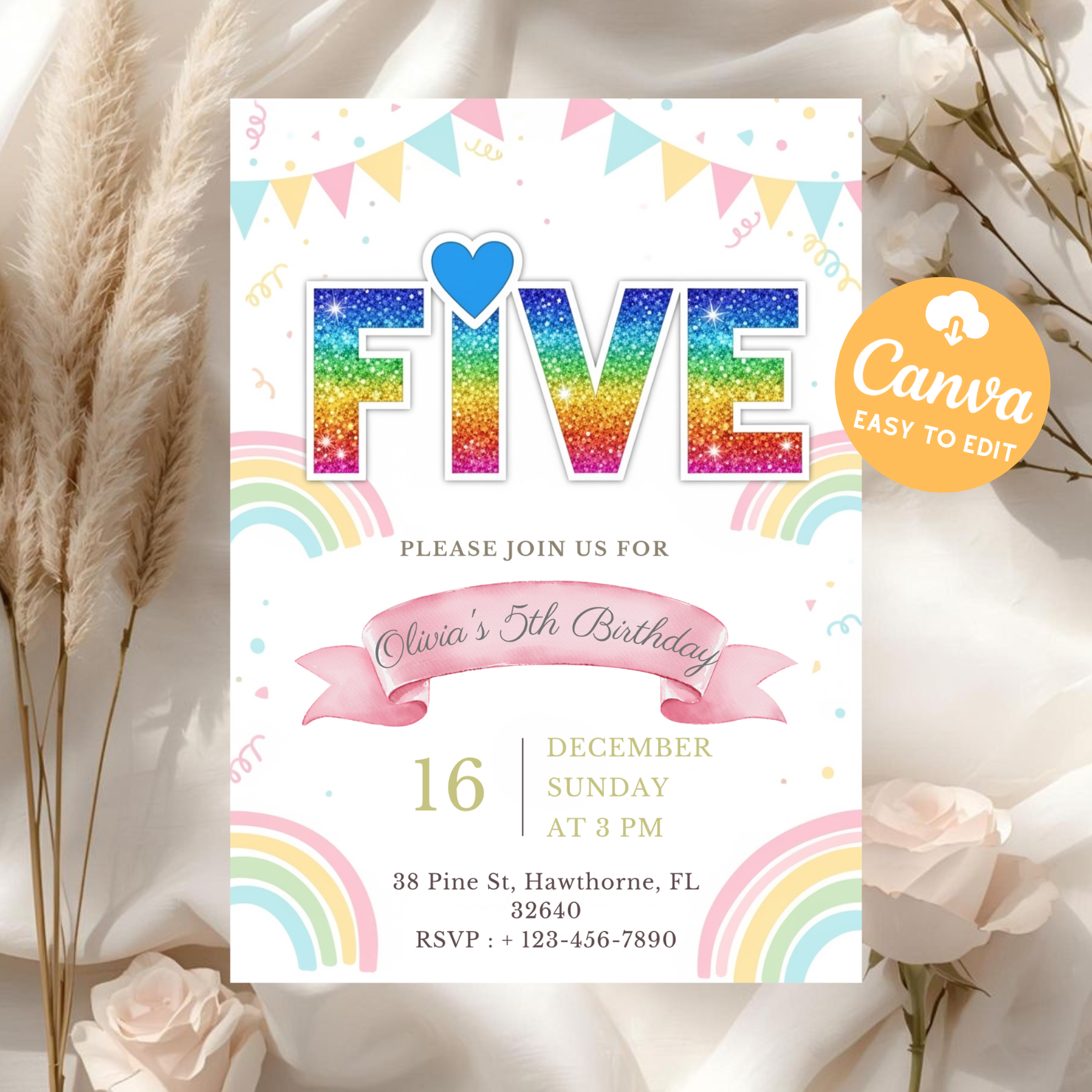Editable Rainbow Sequin Birthday Invitation Template | 5th Birthday Party Canva Design | Printable Digital Download