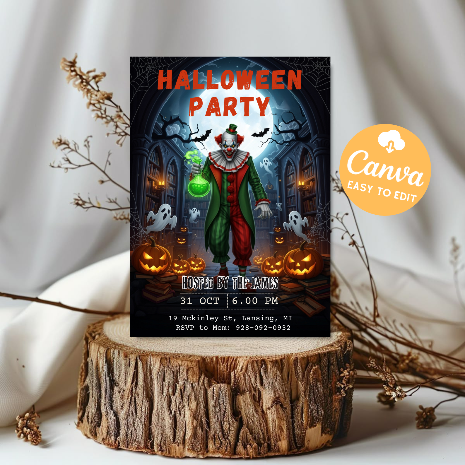 Halloween Party Invitation Template | Haunted House Party Invite | Spooky Ghost Costume Card | Gothic Horror Birthday Evite | DIY Canva Printable