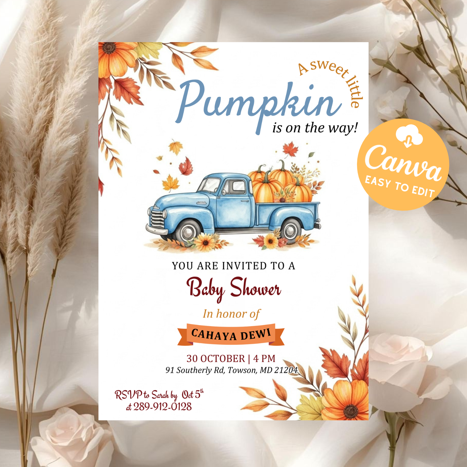 Blue Truck Little Pumpkin Baby Shower Invitation | Fall Autumn Baby Shower Invite | Editable Canva Template | Printable Digital Download