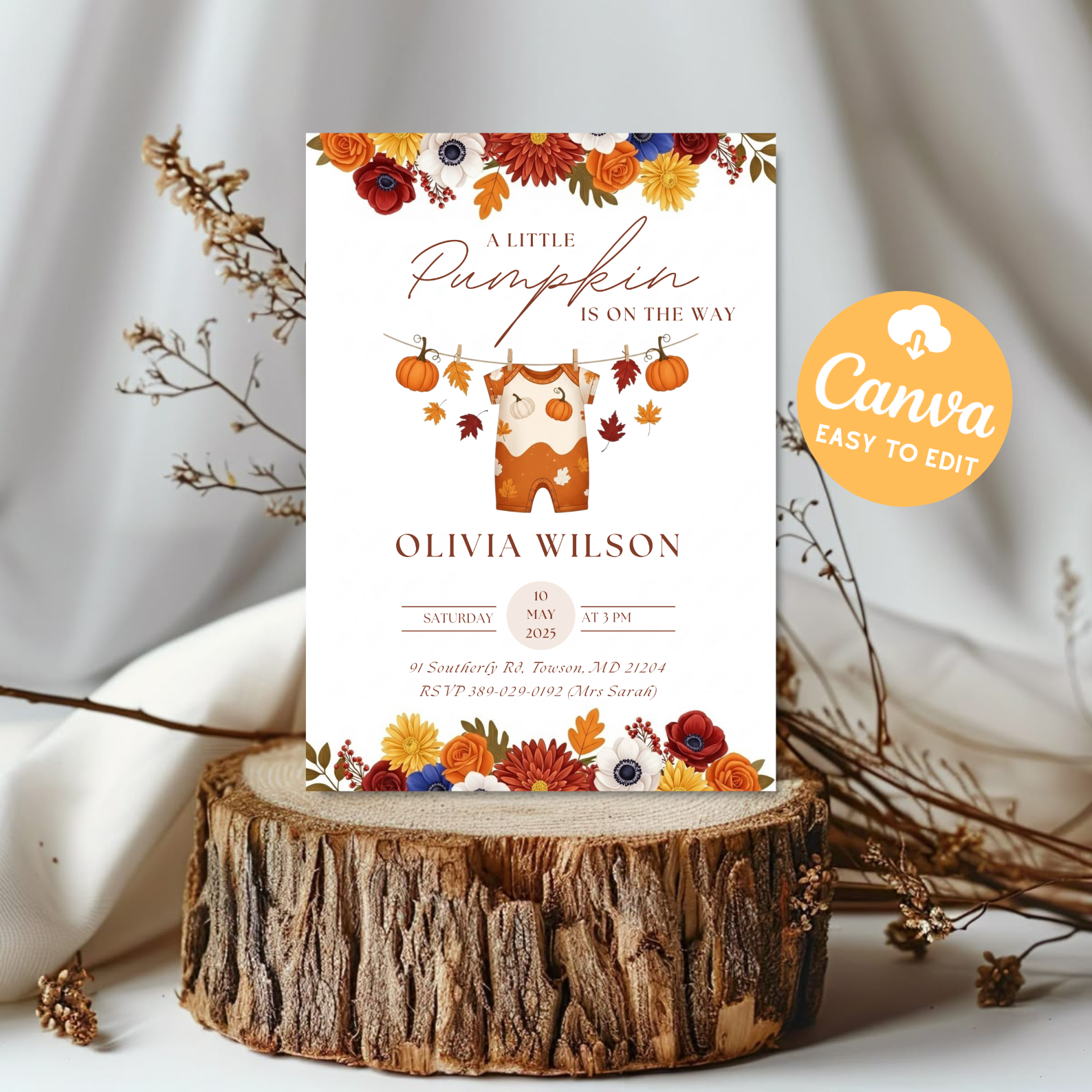 Editable Little Pumpkin Baby Shower Invitation | Baby Girl Fall Shower Invite | Cute Autumn Pumpkin Party Template | Canva Printable Download