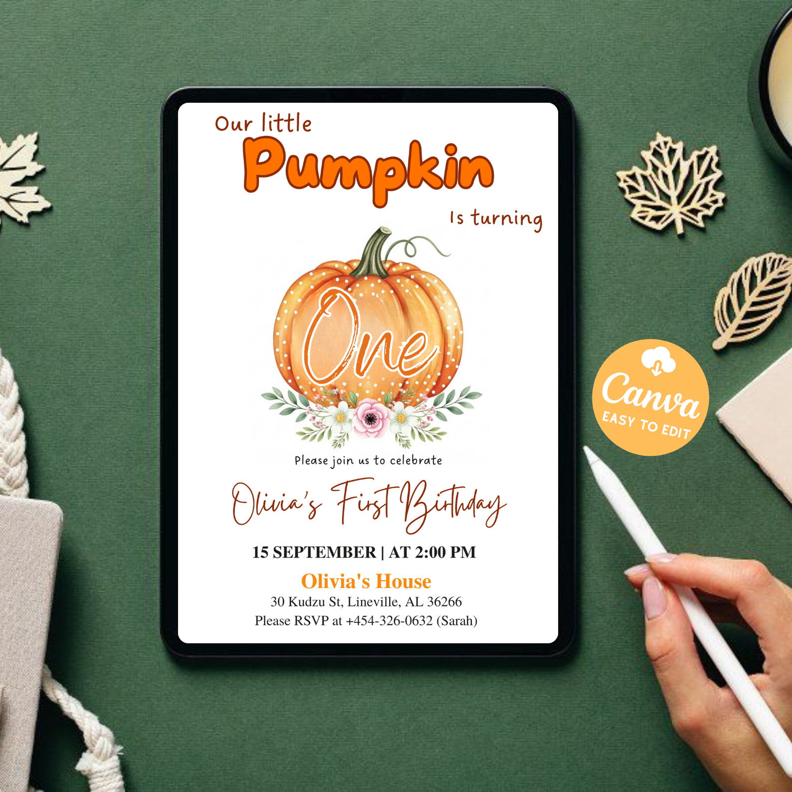 Little Pumpkin Is On The Way Baby Shower Invitation | Pink Bow Girl Fall Theme Invite | Watercolor Autumn Pumpkin Template | Editable Canva Printable