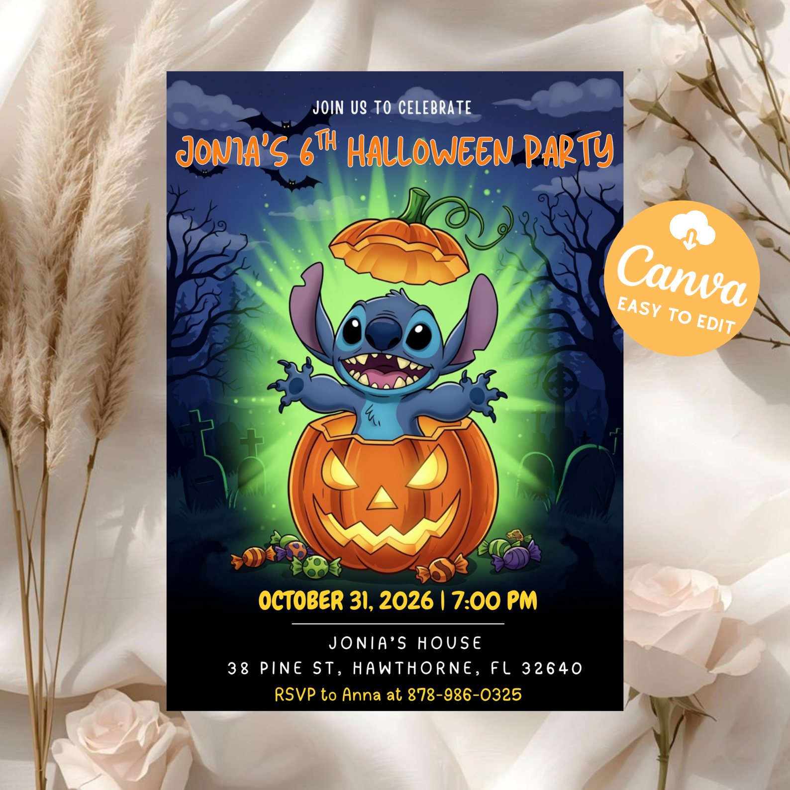 Spooky Stitch Halloween Birthday Invitation | Kids Party Evite Card | Editable Canva Template | Haunted House Digital Download