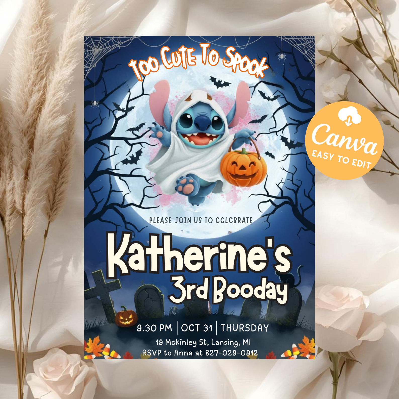 Printable Editable Stitch Halloween Invitation | Lilo and Stitch Boo Birthday Invite | Scary Stitch Party Template | Kids Bday Card Girl Boy