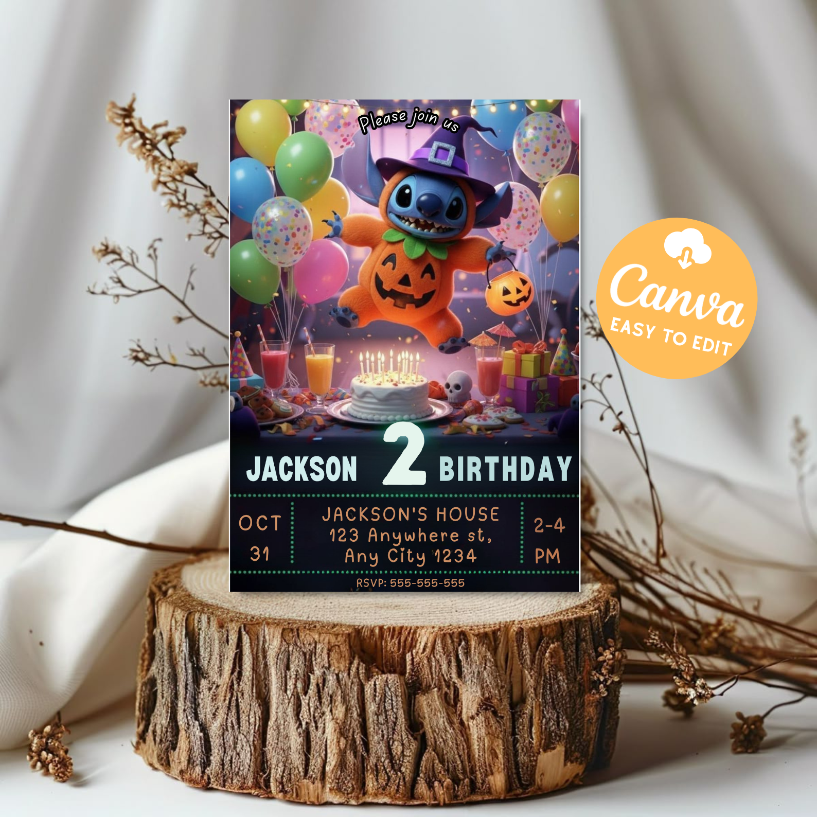 Editable Stitch Halloween Birthday Invitation | Lilo and Stitch Spooky Party Invite | Kids Birthday Canva Template | Digital Download Printable