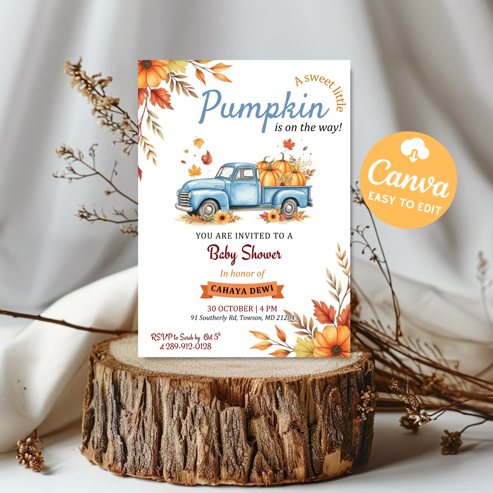 Blue Truck Little Pumpkin Baby Shower Invitation | Fall Autumn Baby Shower Invite | Editable Canva Template | Printable Digital Download