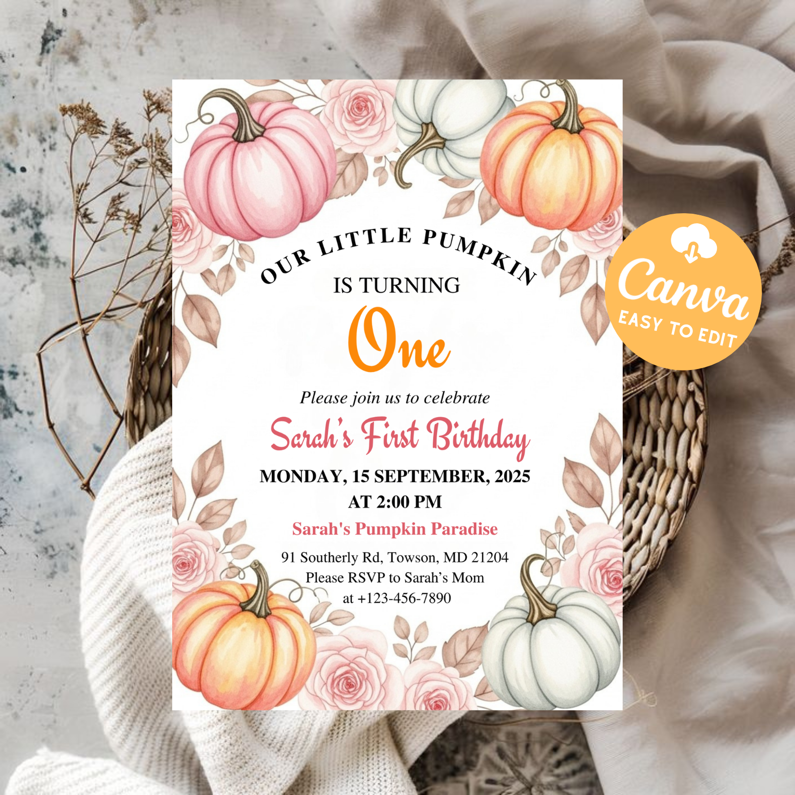 Our Little Pumpkin First Birthday Invitation | Girl Fall Birthday Invite | Pink Pumpkin Theme | Editable Autumn One Template | Canva Printable Download