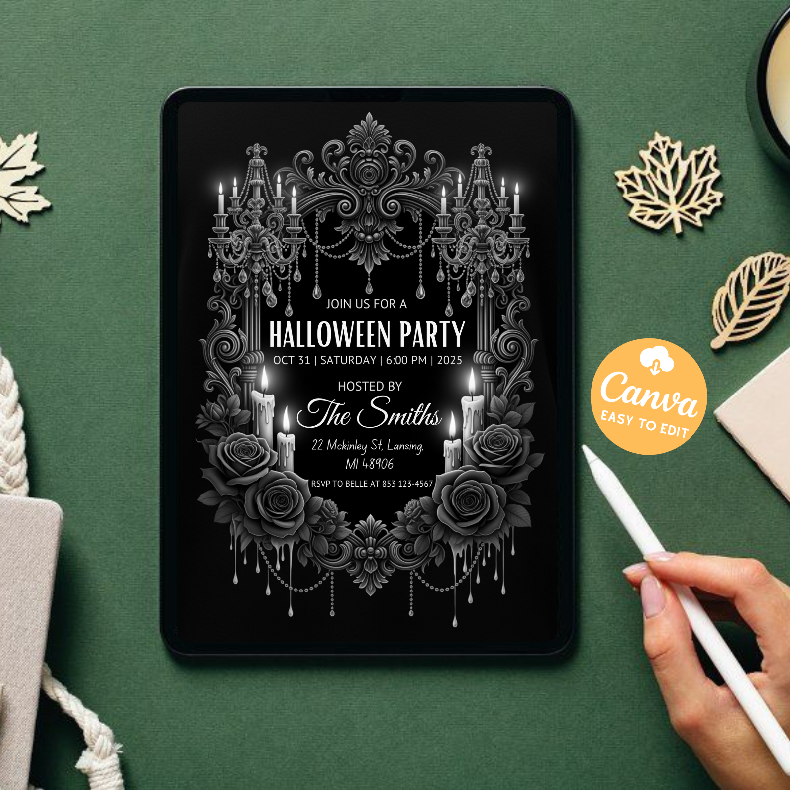 Gothic Skull Halloween Party Invitation | All Black Editable Canva Template | Dark Gothic Birthday Party Invite | Printable Digital Download