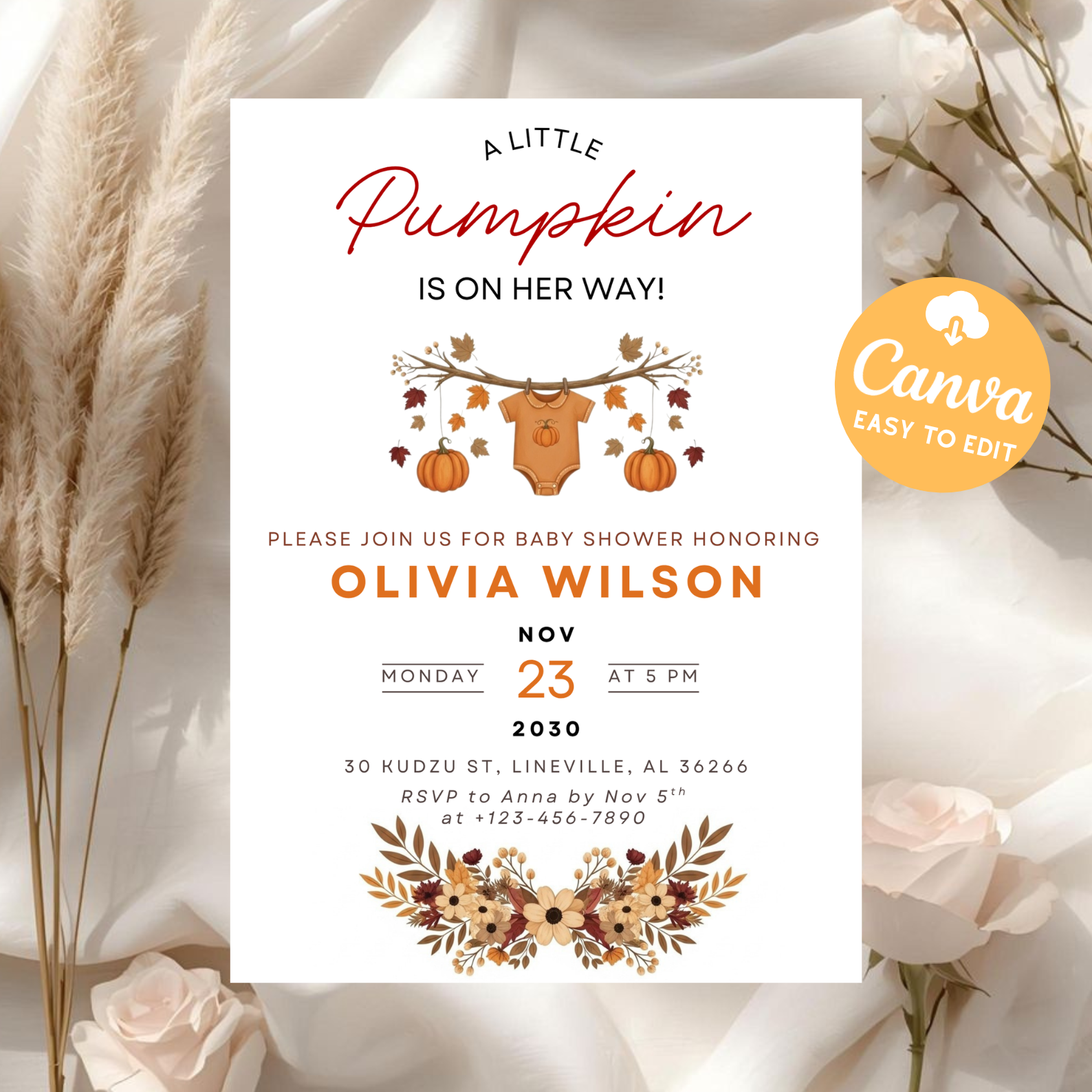 Little Pumpkin Baby Shower Invitation | Girl Fall Baby Shower Invite | Cute Pumpkin Baby Clothes Theme | Editable Canva Template | Printable Download