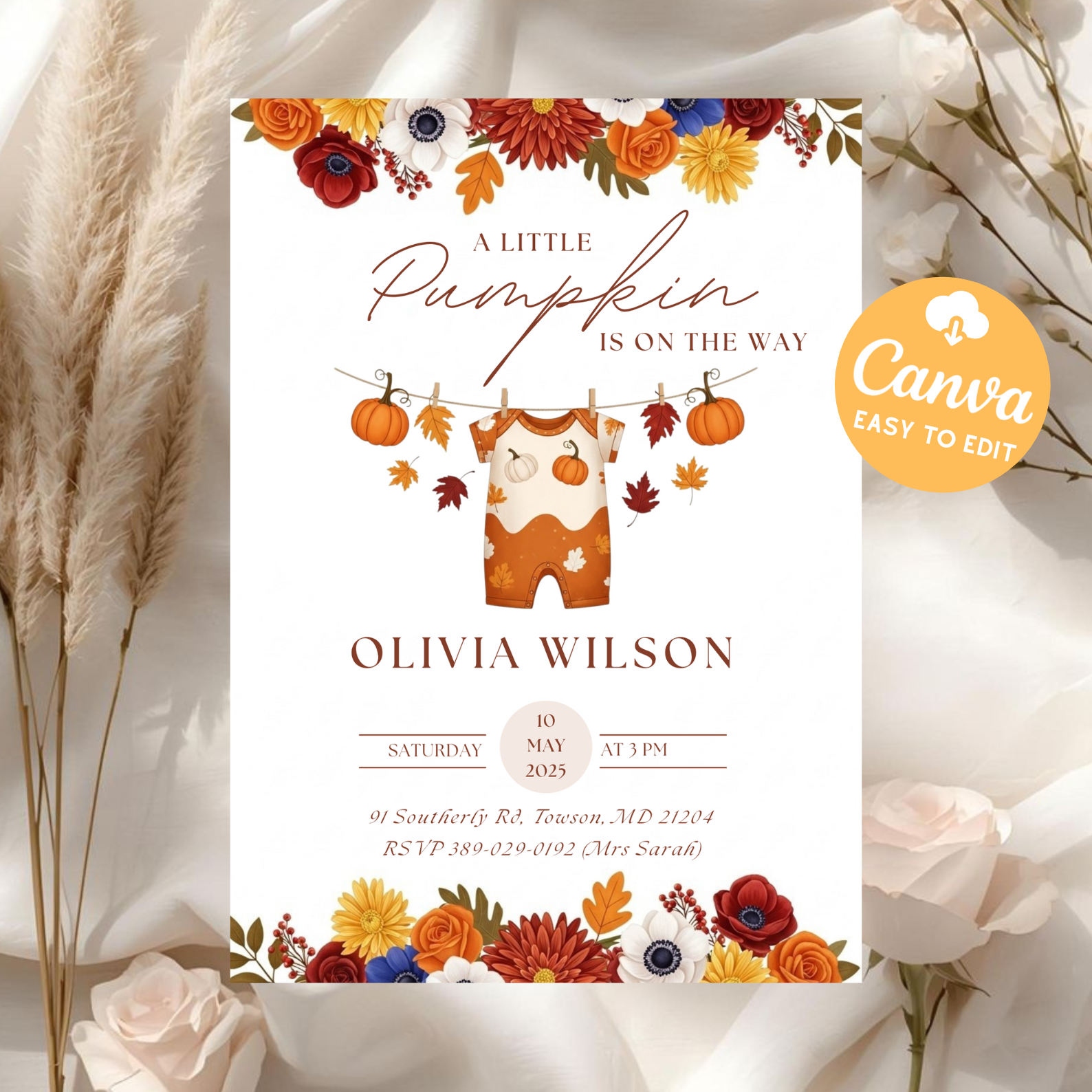 Editable Little Pumpkin Baby Shower Invitation | Baby Girl Fall Shower Invite | Cute Autumn Pumpkin Party Template | Canva Printable Download