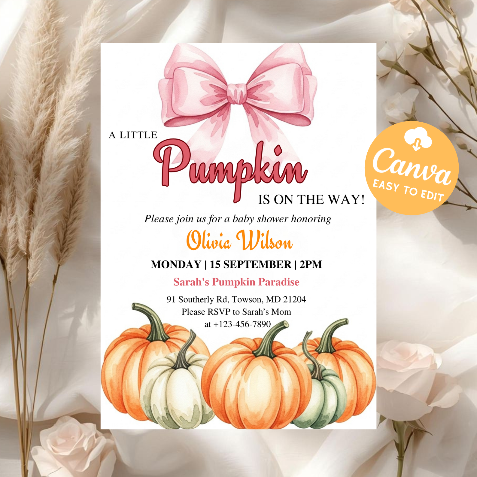 Pumpkin Baby Shower Invitation | Pink Bow Fall Coquette Theme | Baby Girl Shower Invite | Editable Canva Template | Digital Download