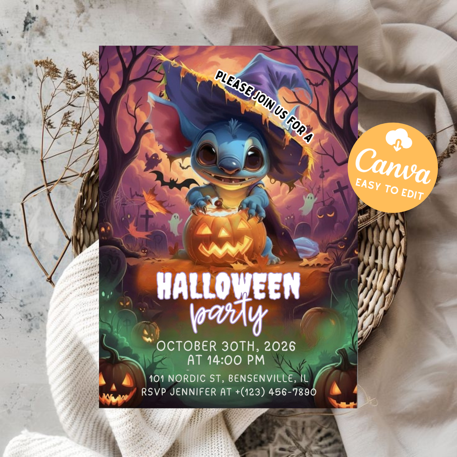 Editable Stitch Halloween Birthday Invitation | Canva Editable Party Invite | Lilo and Stitch Angel Kids Birthday Invitation