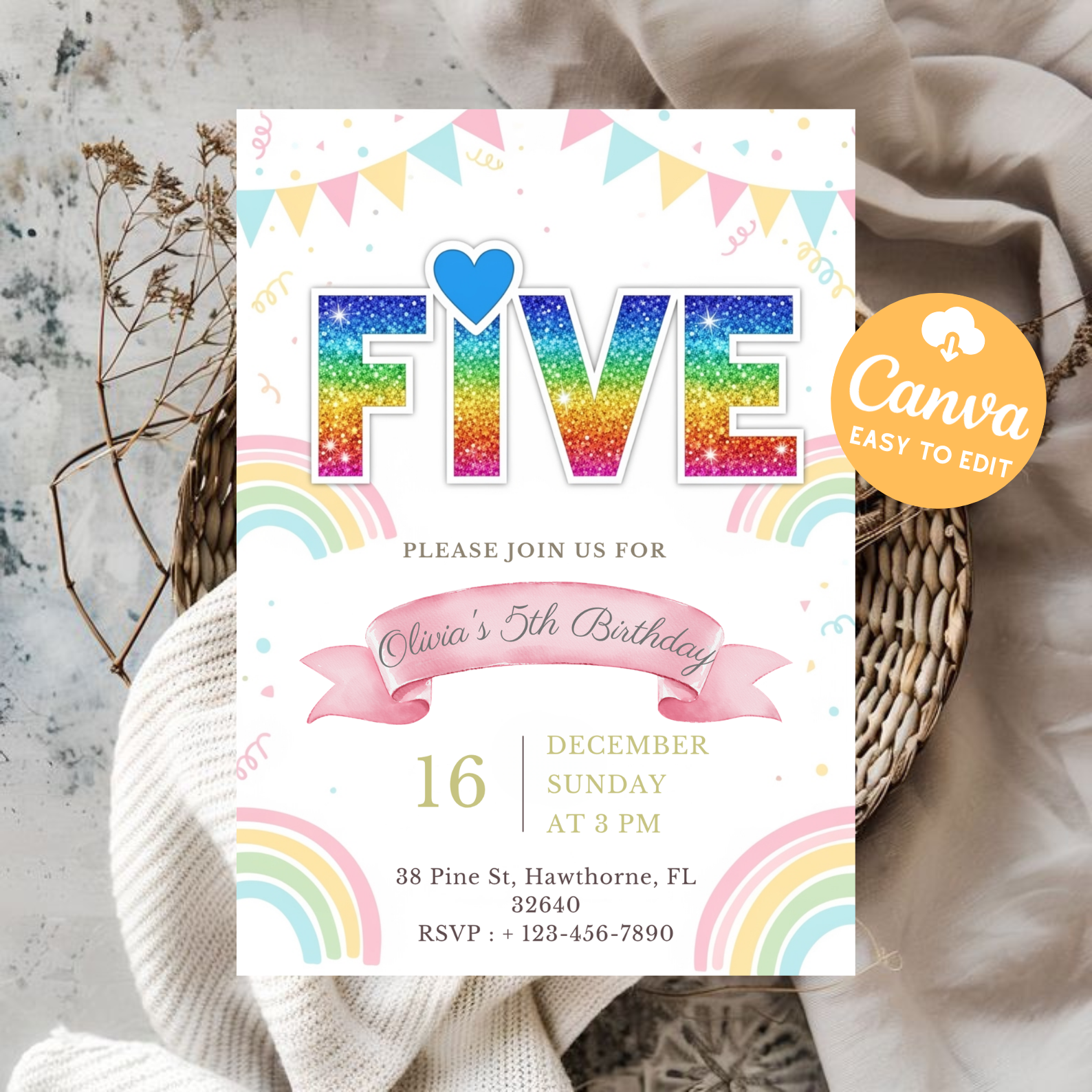 Editable Rainbow Sequin Birthday Invitation Template | 5th Birthday Party Canva Design | Printable Digital Download