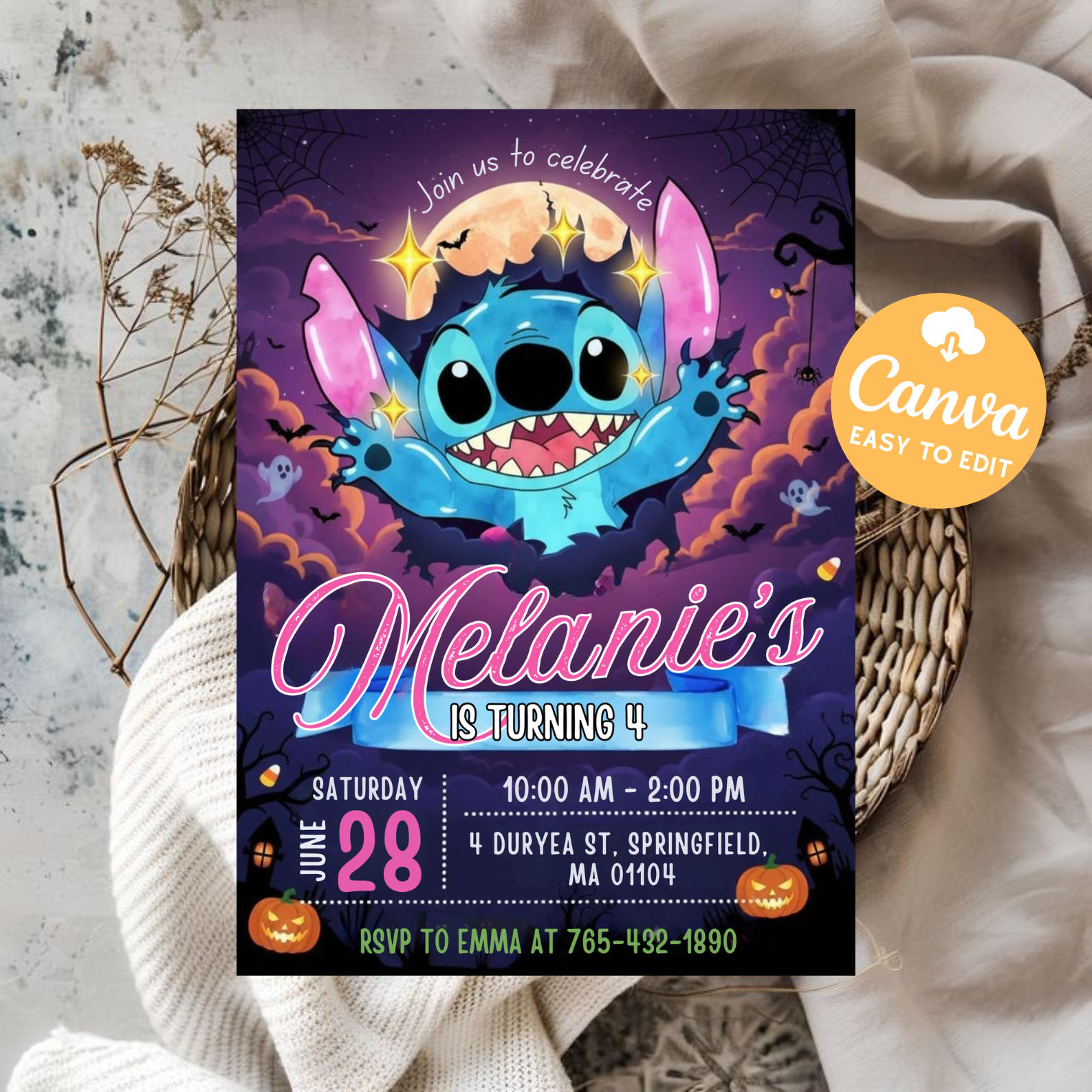 Editable Stitch Birthday Party Invitation Template | Cartoon Kids Bday Evite | Fun Canva Design | Instant Digital Download Printable