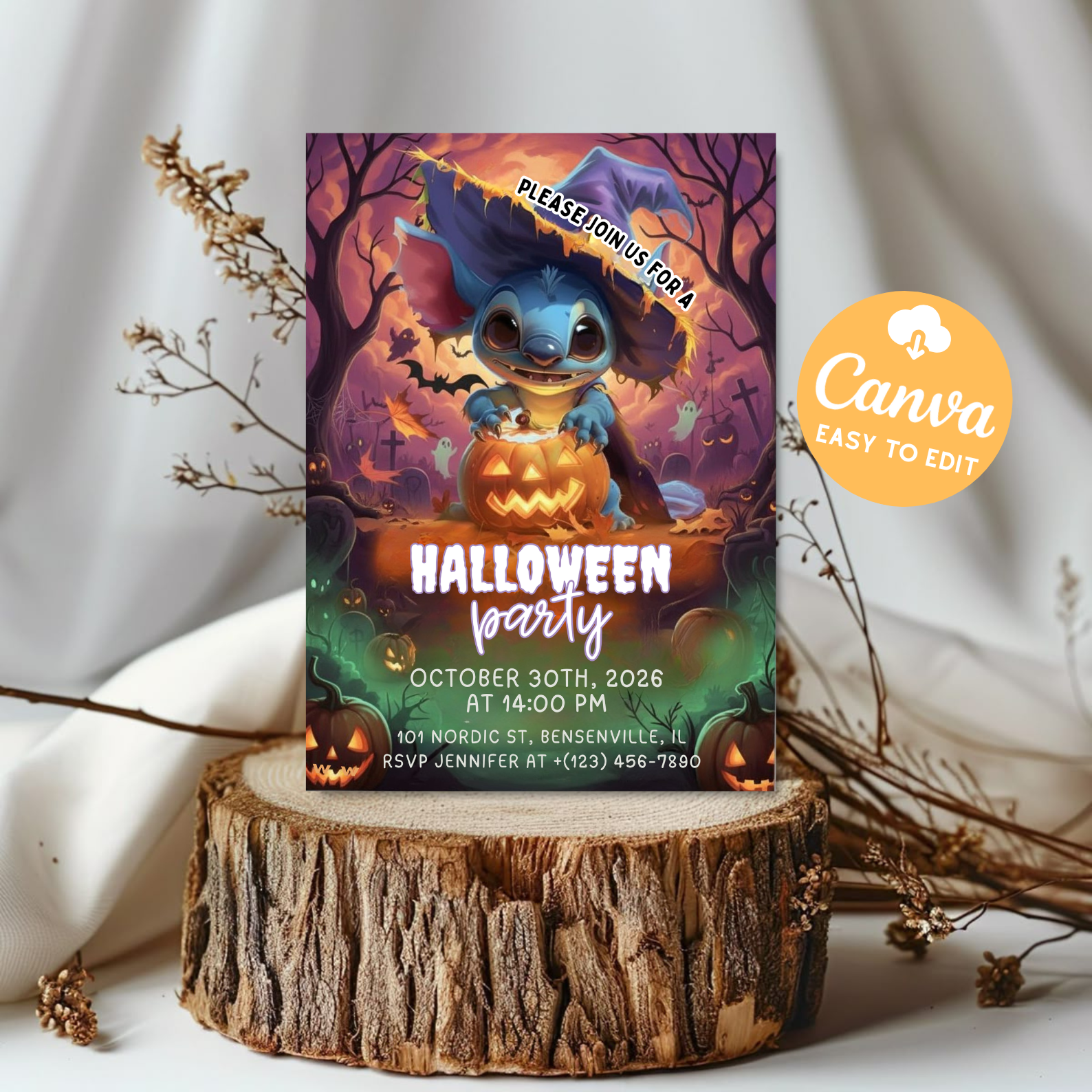 Editable Stitch Halloween Birthday Invitation | Canva Editable Party Invite | Lilo and Stitch Angel Kids Birthday Invitation