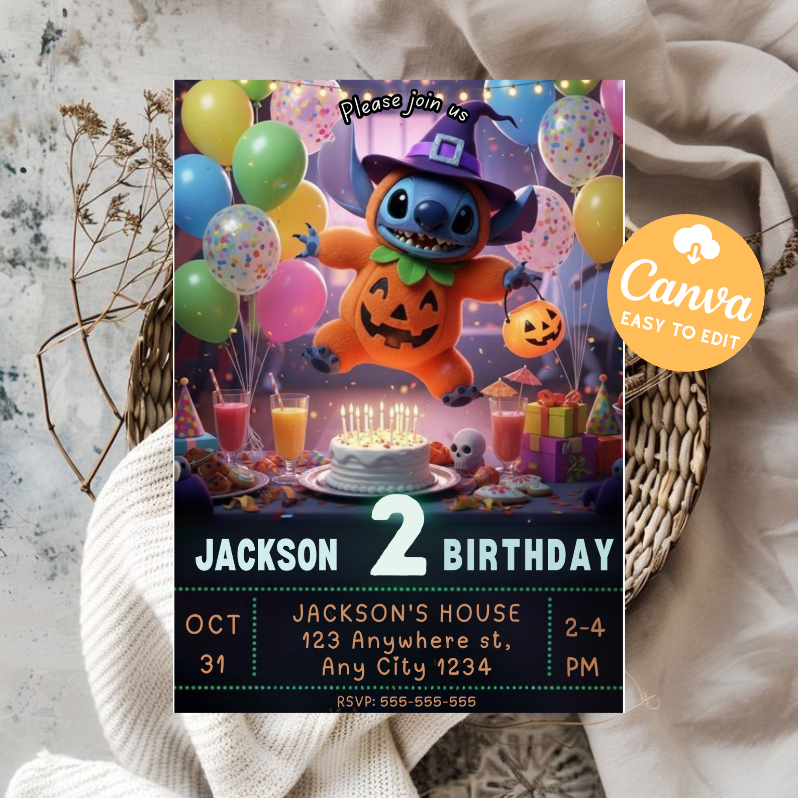 Editable Stitch Halloween Birthday Invitation | Lilo and Stitch Spooky Party Invite | Kids Birthday Canva Template | Digital Download Printable