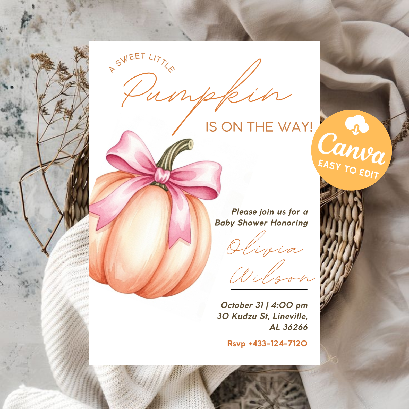 Editable Sweet Little Pumpkin Baby Shower Invitation Bundle | Pink Bow Baby Shower Invite Set | Fall Orange Pumpkin Invitation Template Printable