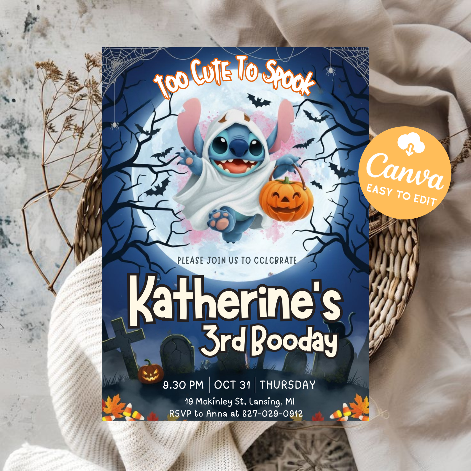 Printable Editable Stitch Halloween Invitation | Lilo and Stitch Boo Birthday Invite | Scary Stitch Party Template | Kids Bday Card Girl Boy