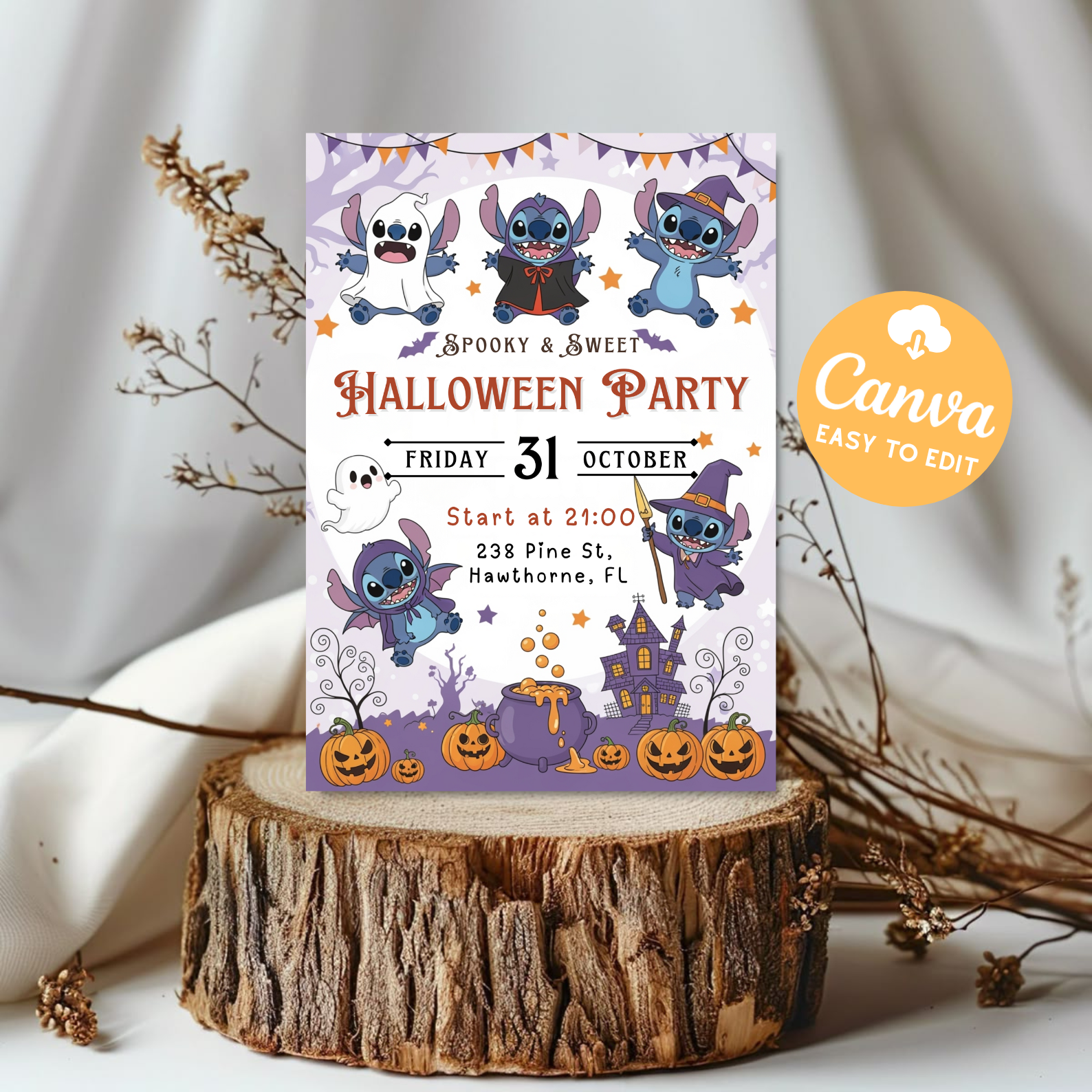 Stitch Halloween Party Invitation | Pastel Spooky Cute Party Invite | Editable Kids Birthday Template | Printable Digital Download Canva