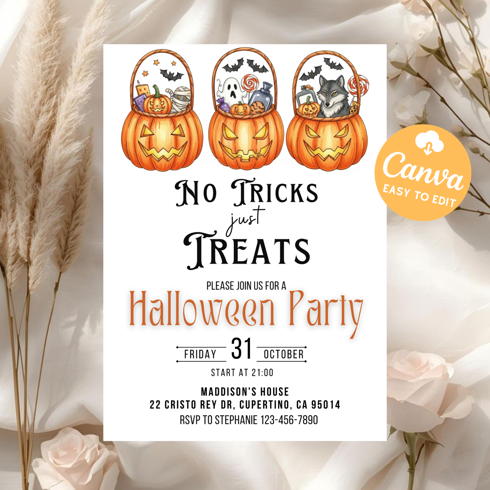 Kids Halloween Party Invitation | Editable Costume Party Evite | Spooky Birthday Invite 5x7 | Canva Digital Download Template