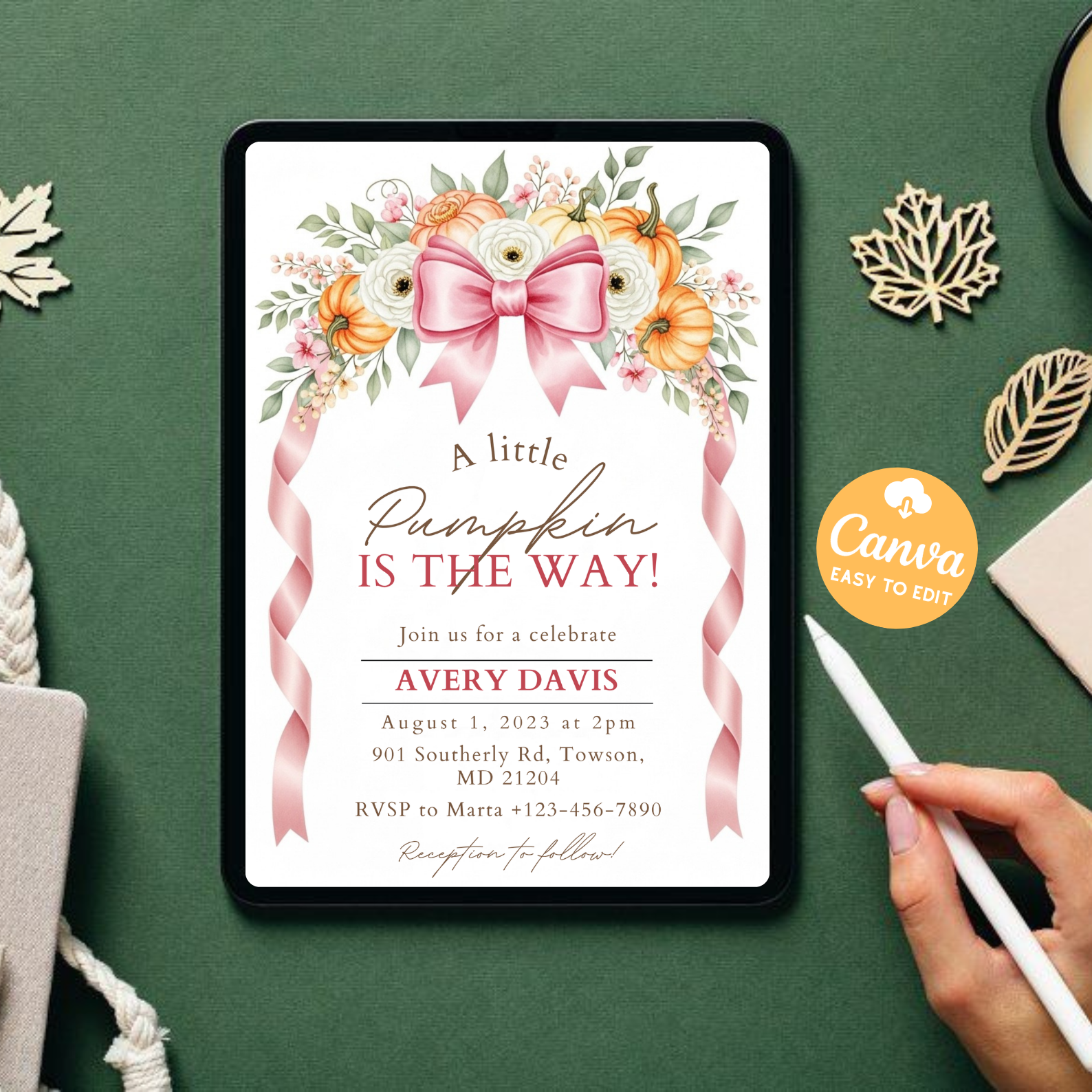 Pink Little Pumpkin Baby Shower Invitation | Girl Fall Floral Baby Shower Invite | Bow Pumpkin Party Card | Editable Canva Template Printable