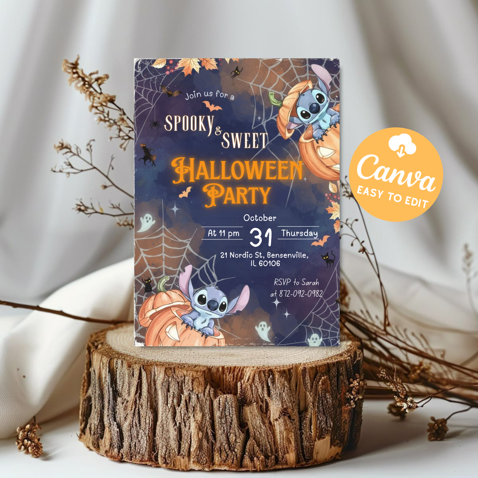 Pumpkin Stitch Halloween Party Invitation | Editable Canva Template | Kids Birthday Invite | Digital Download Printable