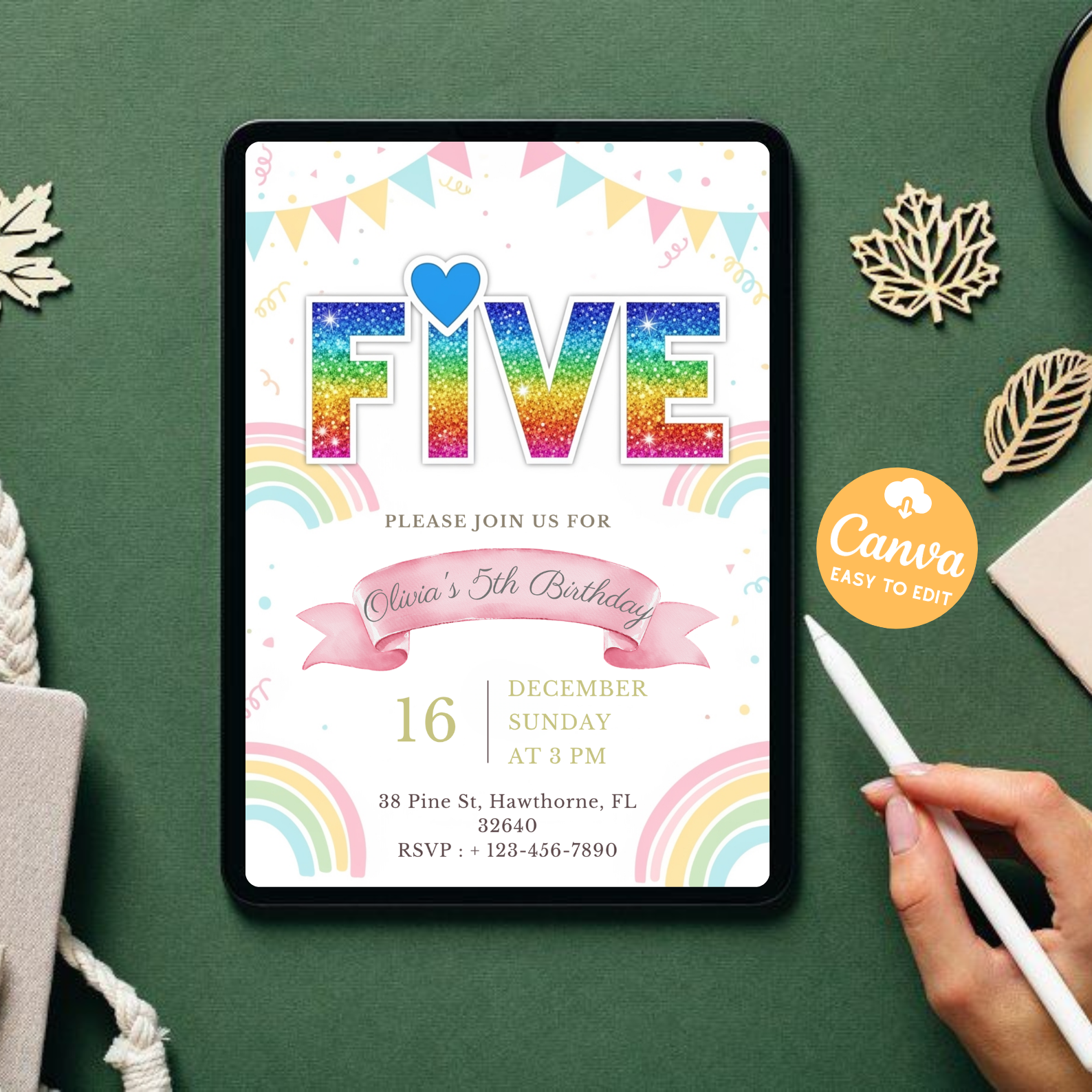 Editable Rainbow Sequin Birthday Invitation Template | 5th Birthday Party Canva Design | Printable Digital Download